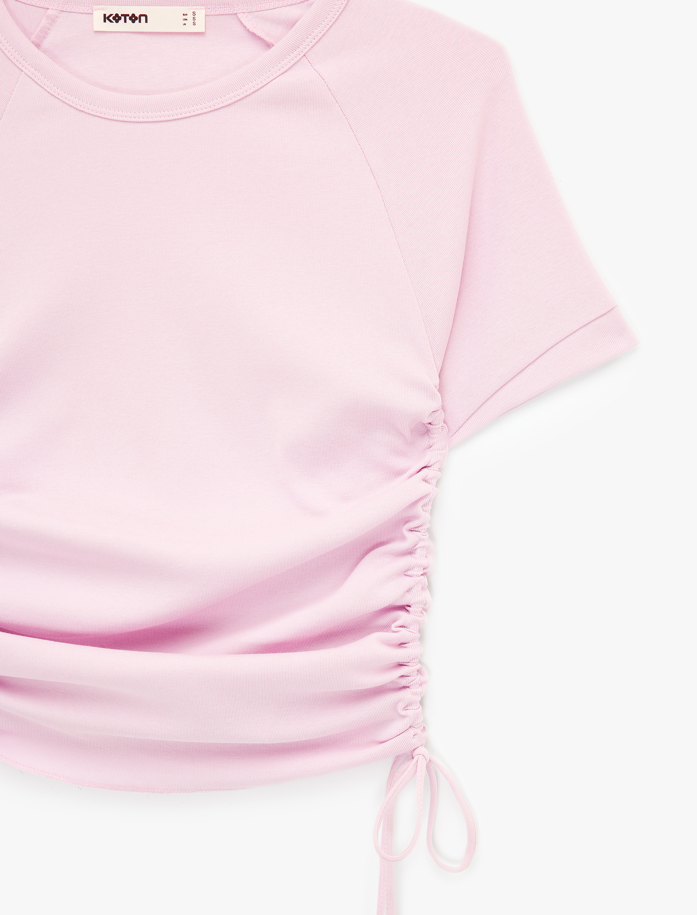   Pamuklu Slim Fit Bisiklet Yaka Kısa Kollu Yanları Bağlamalı Büzgülü Tişört