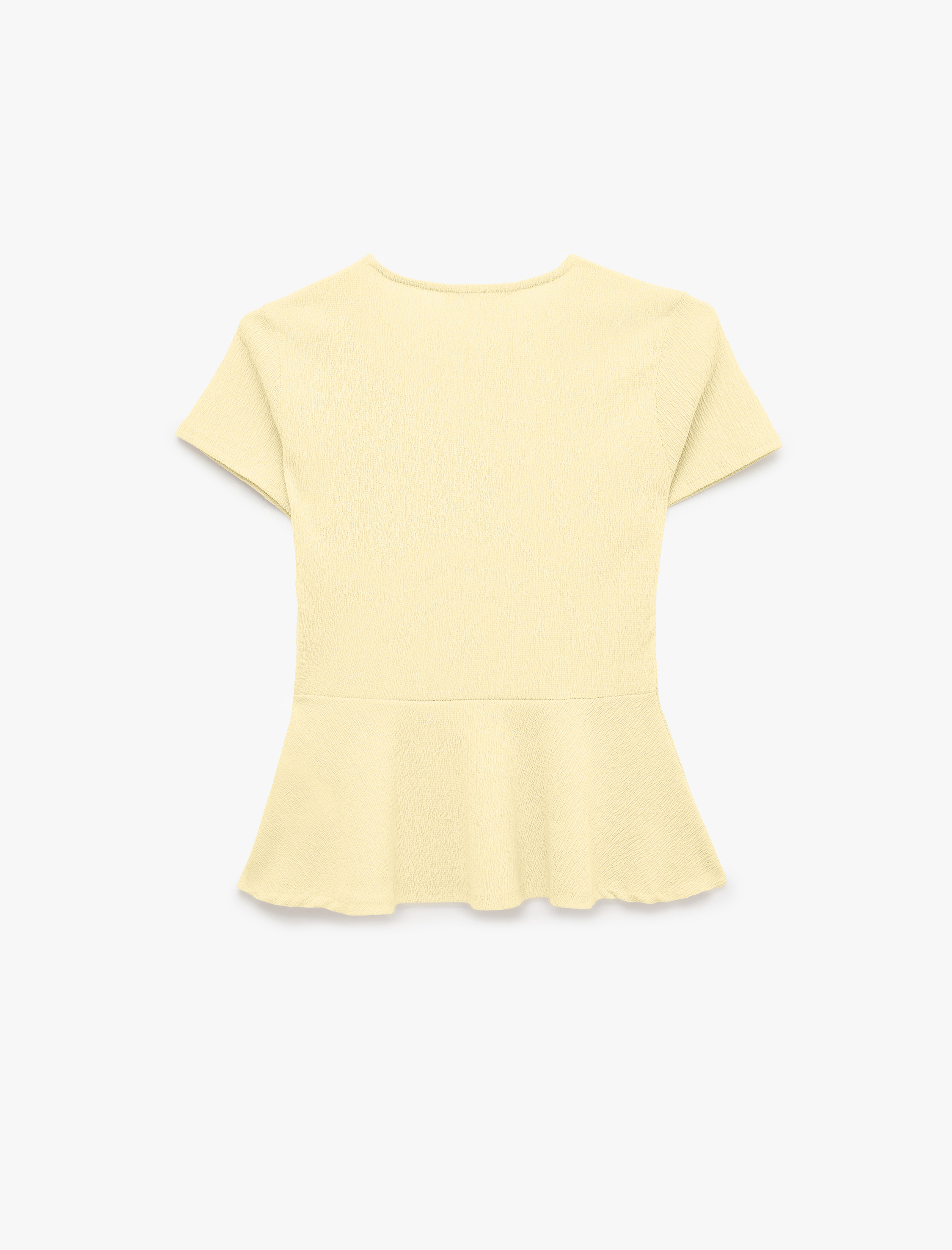   Bürümcük Kumaş Slim Fit Kısa Kollu Bisiklet Yaka Volanlı Peplum Kesim Tişört