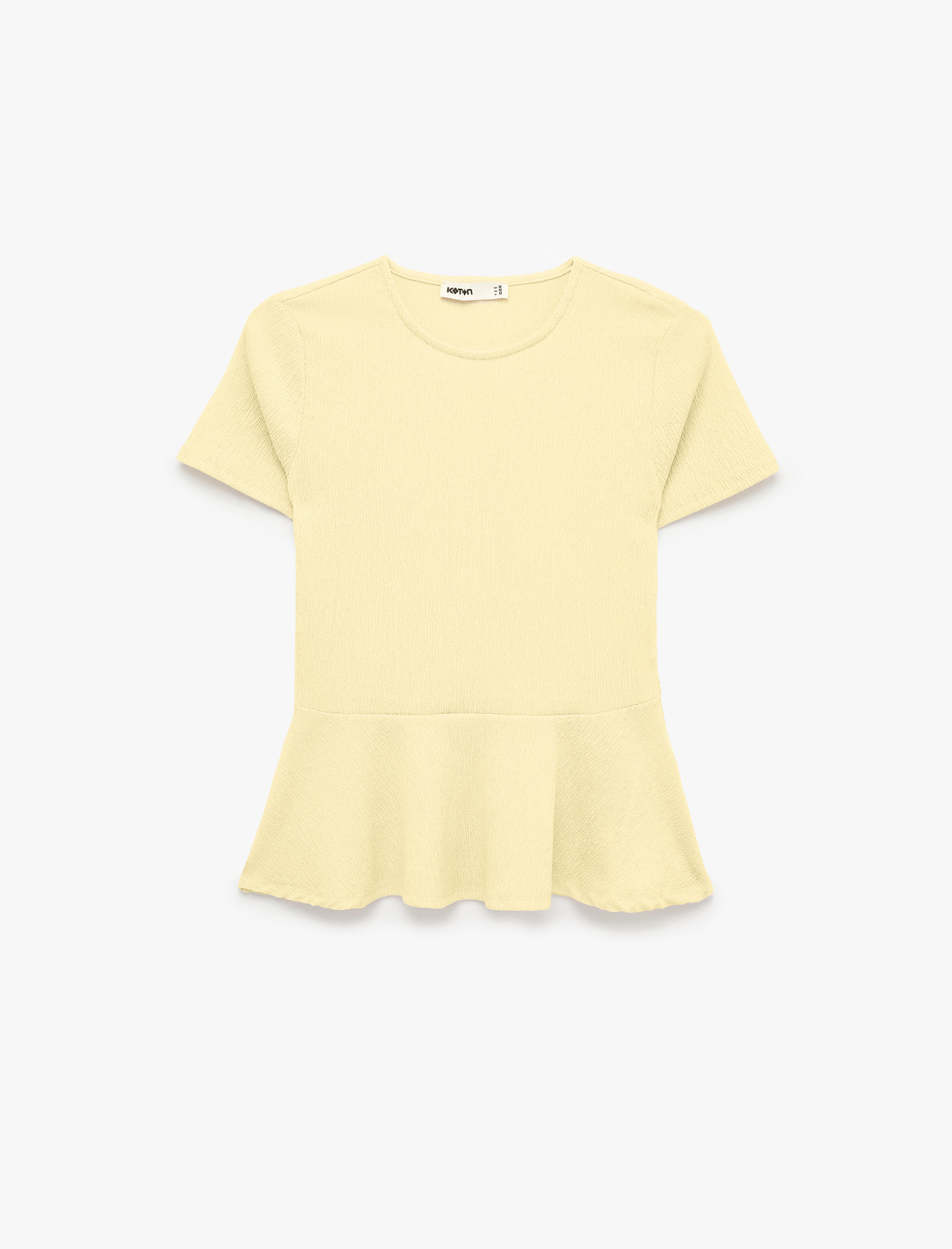   Bürümcük Kumaş Slim Fit Kısa Kollu Bisiklet Yaka Volanlı Peplum Kesim Tişört