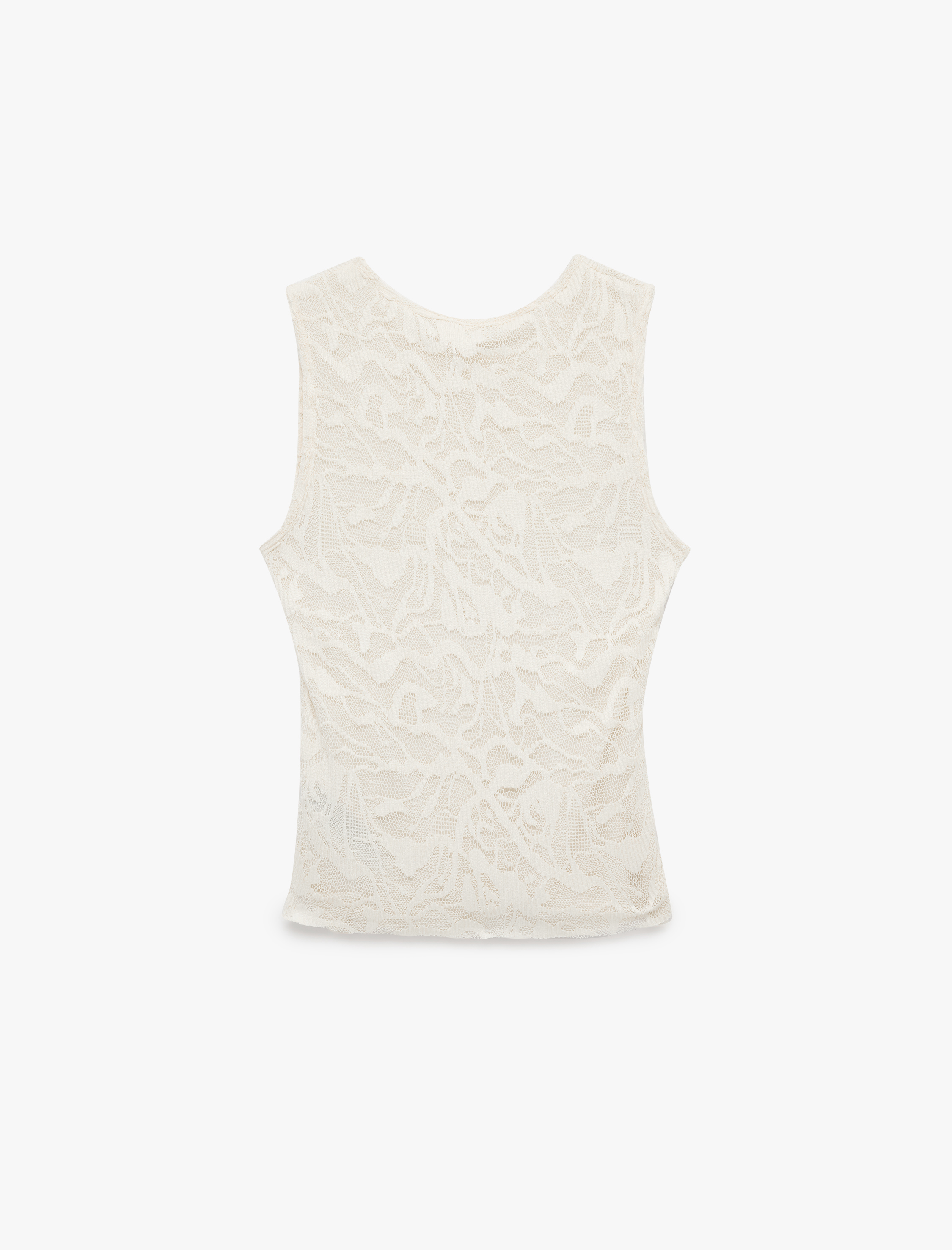   Slim Fit Drapeli Bisiklet Yaka Kolsuz Floral Dokulu Dantel Bluz