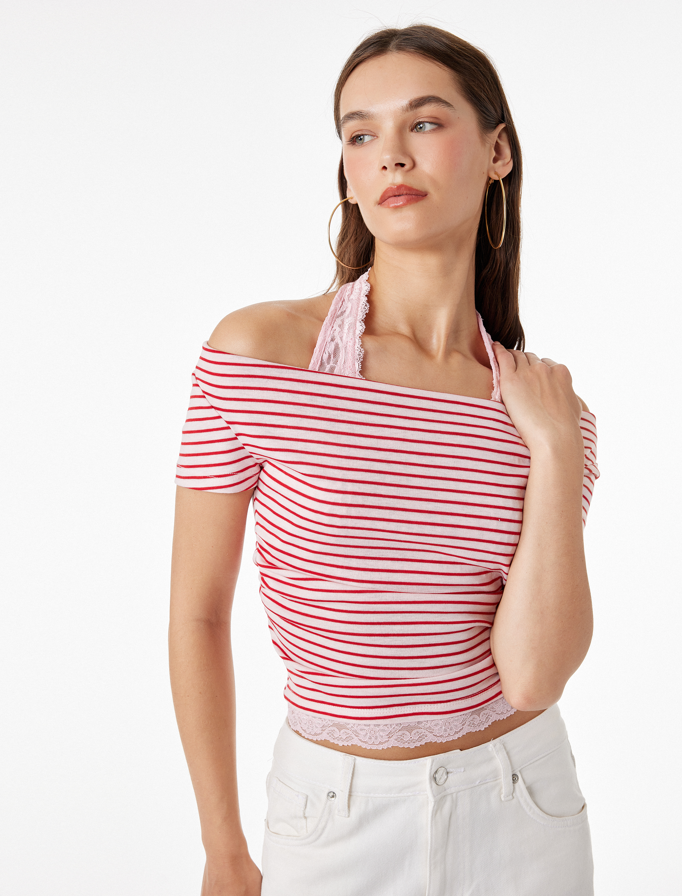   Slim Fit Viskon Karışımlı İkili Kayık Yaka Kısa Kollu Tişört