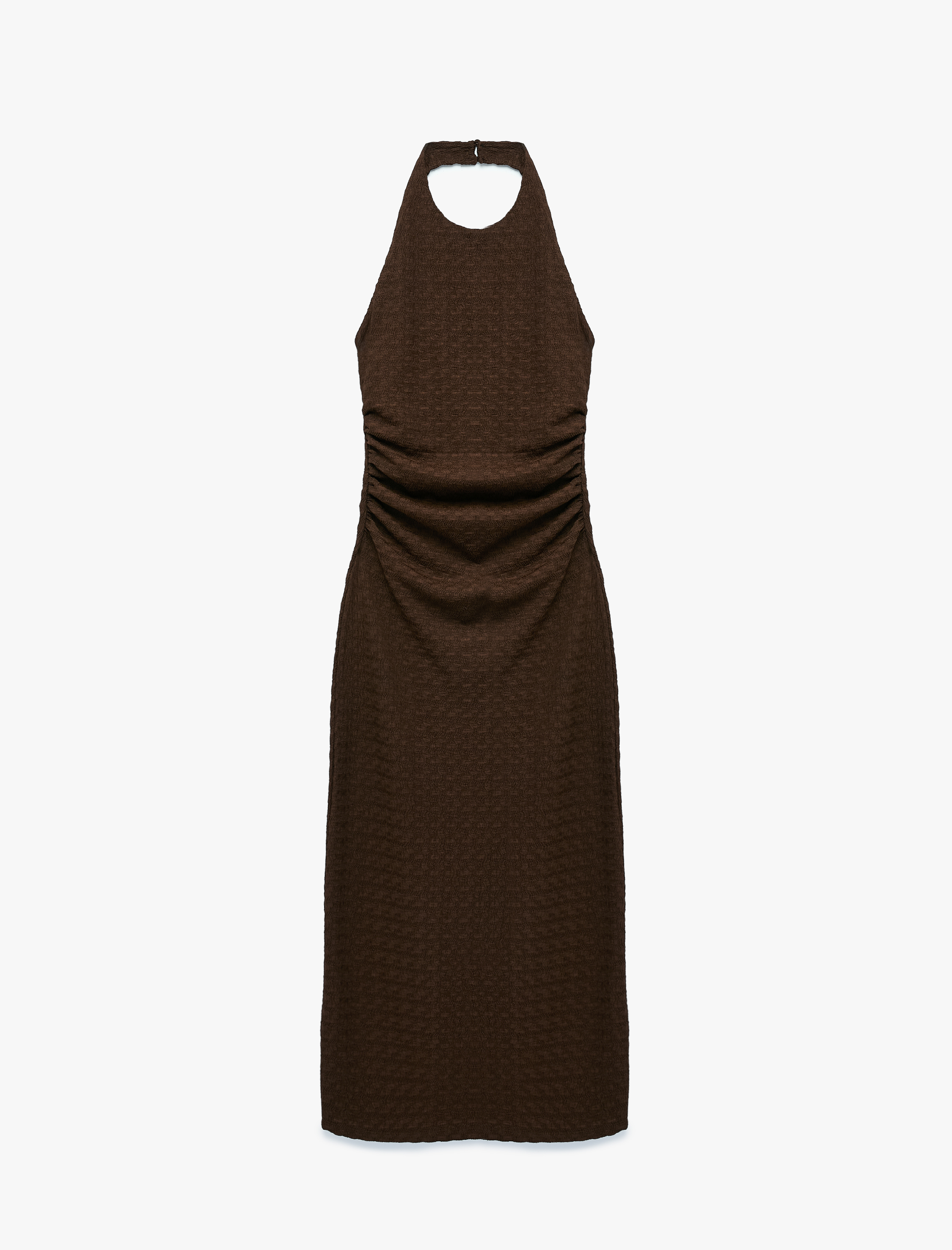   Bürümcük Kumaş Dokulu Slim Fit Sırt Detaylı Halter Yaka Midi Elbise