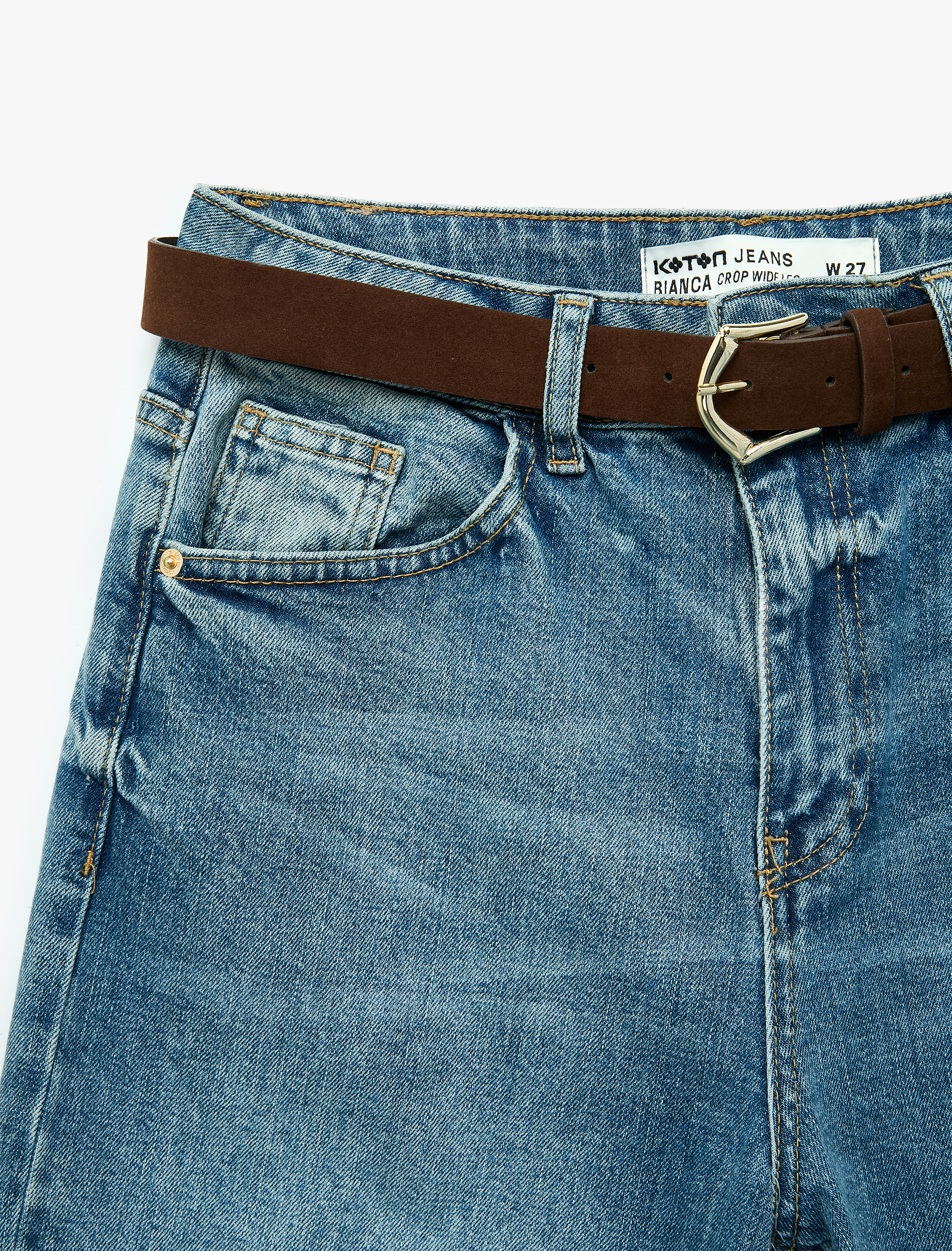   Kemerli Pamuklu Normal Bel Cepli Geniş Paça Denim Pantolon - Wide Leg Jean