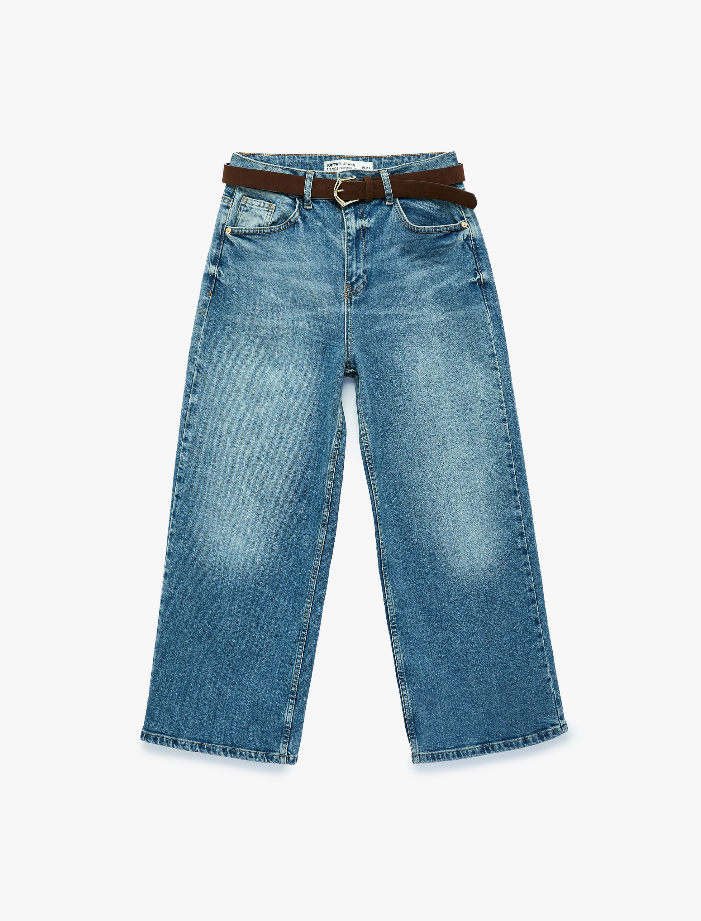   Kemerli Pamuklu Normal Bel Cepli Geniş Paça Denim Pantolon - Wide Leg Jean