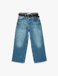 Kemerli Pamuklu Normal Bel Cepli Geniş Paça Denim Pantolon - Wide Leg Jean