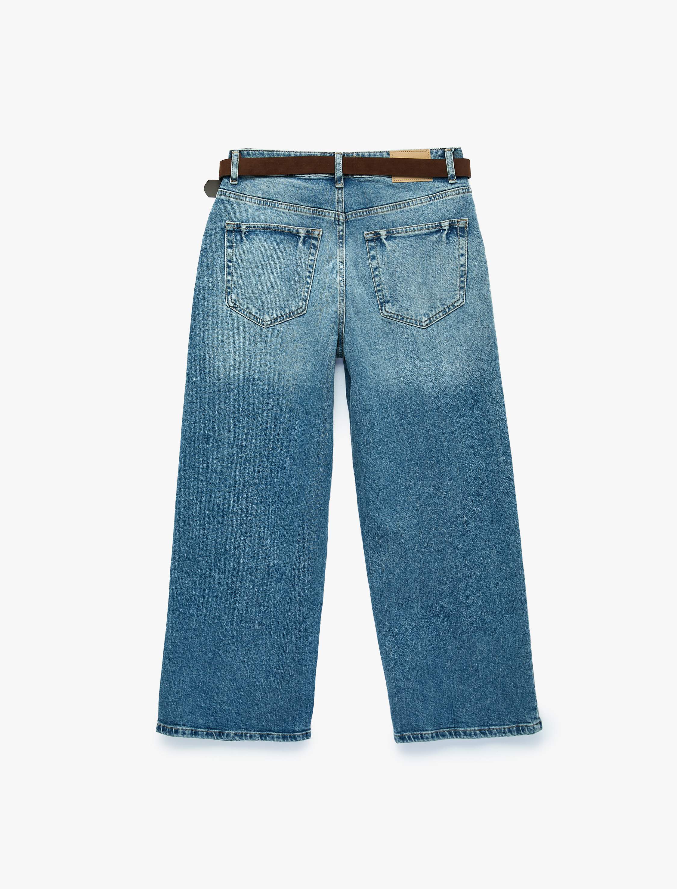   Kemerli Pamuklu Normal Bel Cepli Geniş Paça Denim Pantolon - Wide Leg Jean