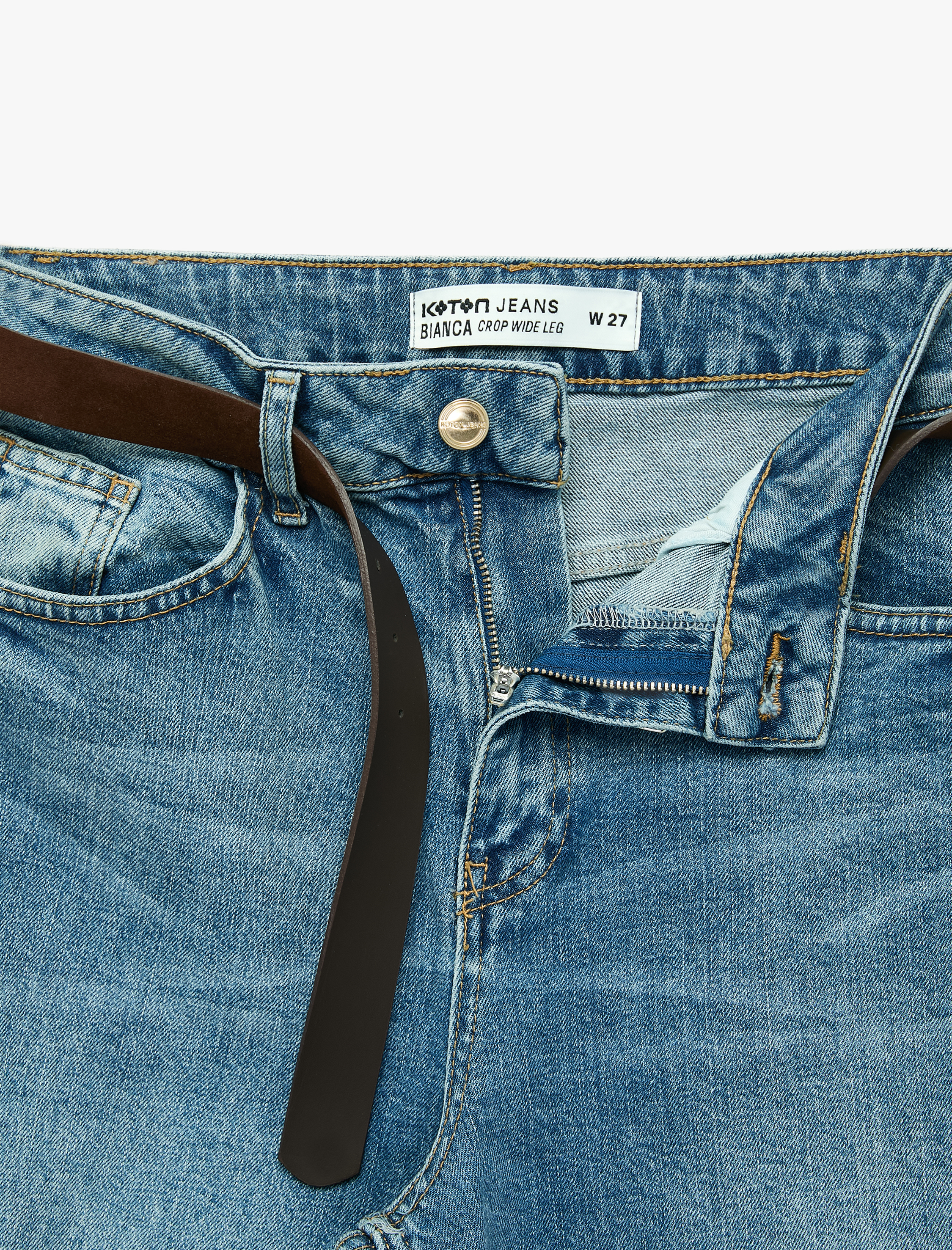   Kemerli Pamuklu Normal Bel Cepli Geniş Paça Denim Pantolon - Wide Leg Jean