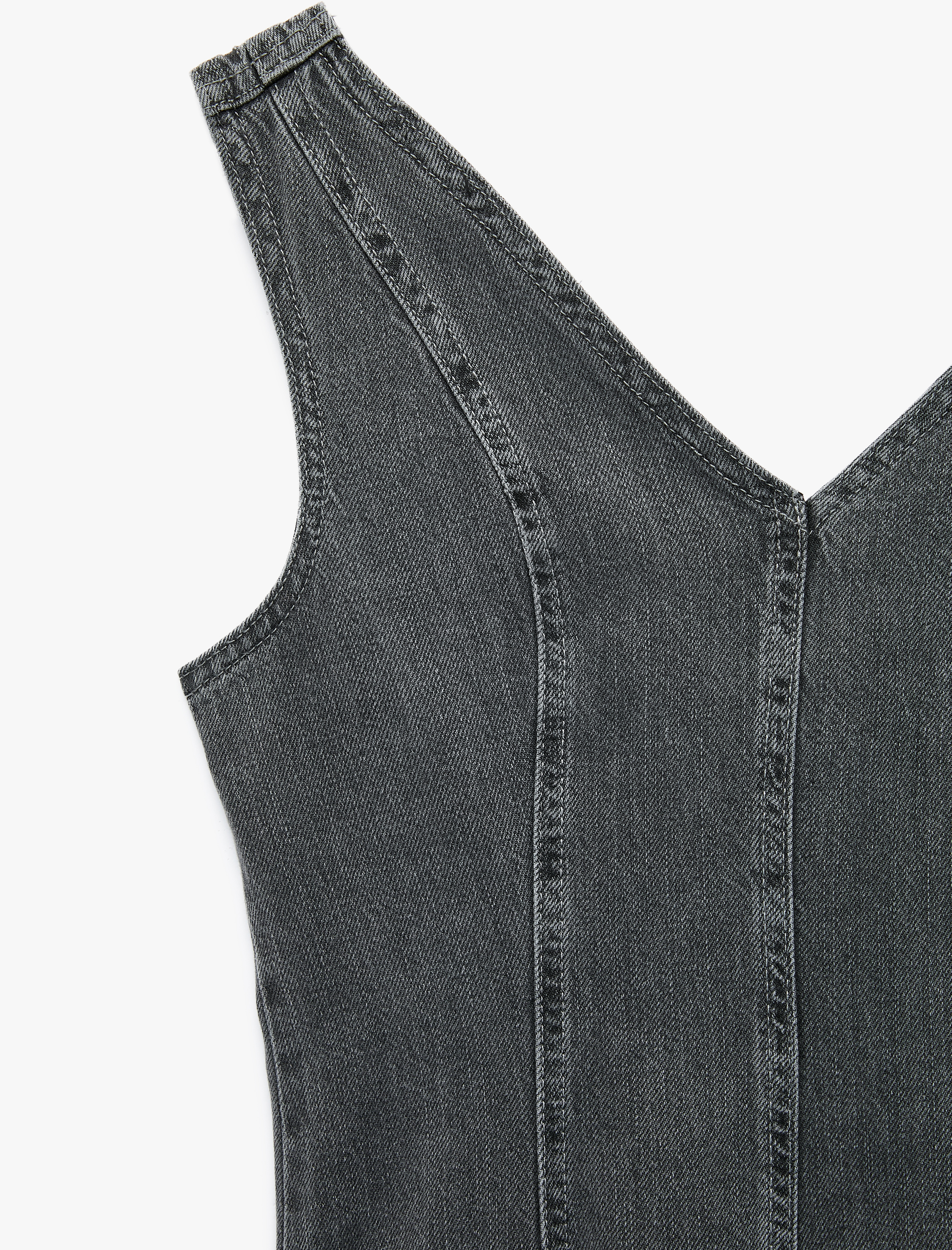   Dikiş Detaylı V Yaka Kolsuz Uzun Denim Elbise