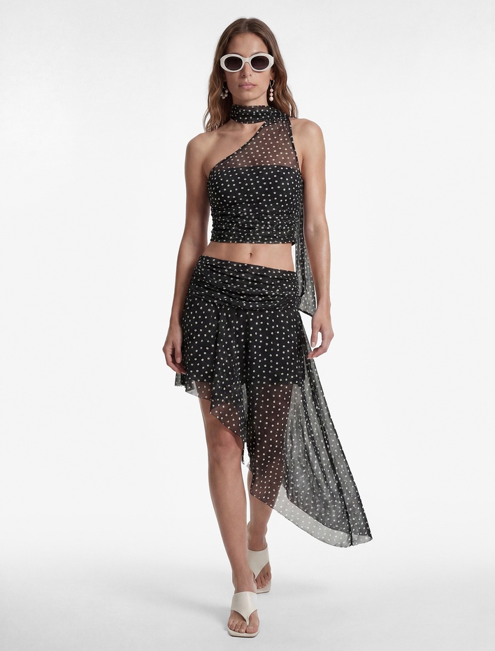  Koton X Sibil Çetinkaya - Drapeli Slim Fit Puantiyeli Asimetrik Midi Etek
