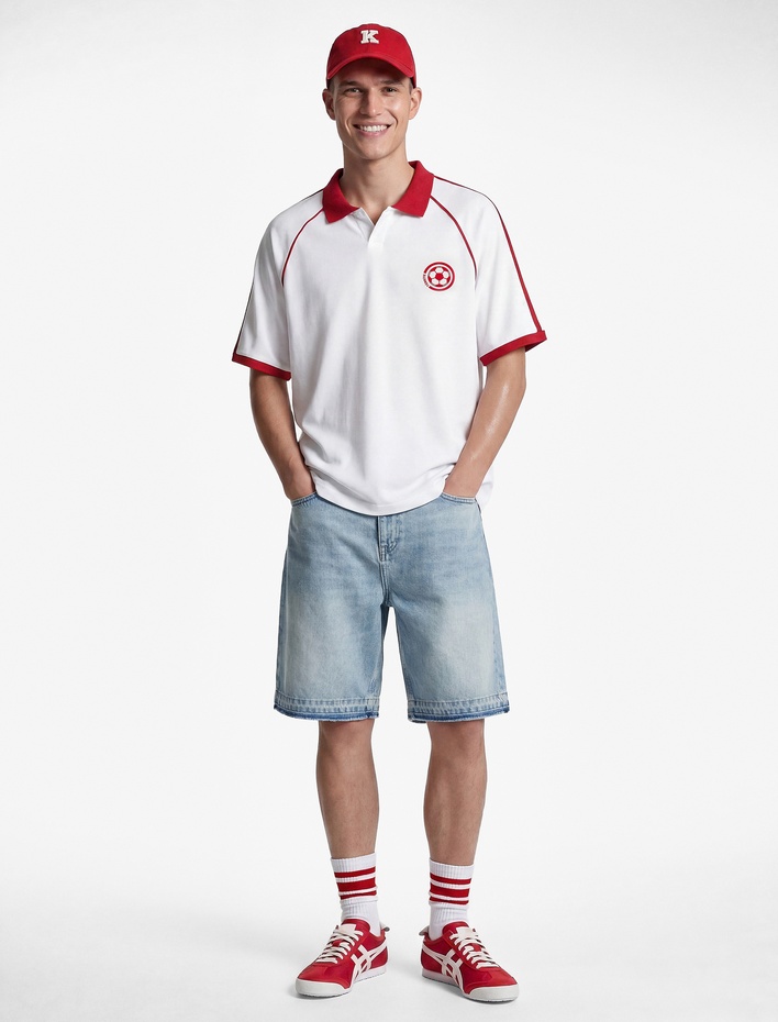 Regular Fit Renk Kontrastlı Polo Yaka Kısa Reglan Kol Baskılı 2026 Dünya Kupası Tişörtü