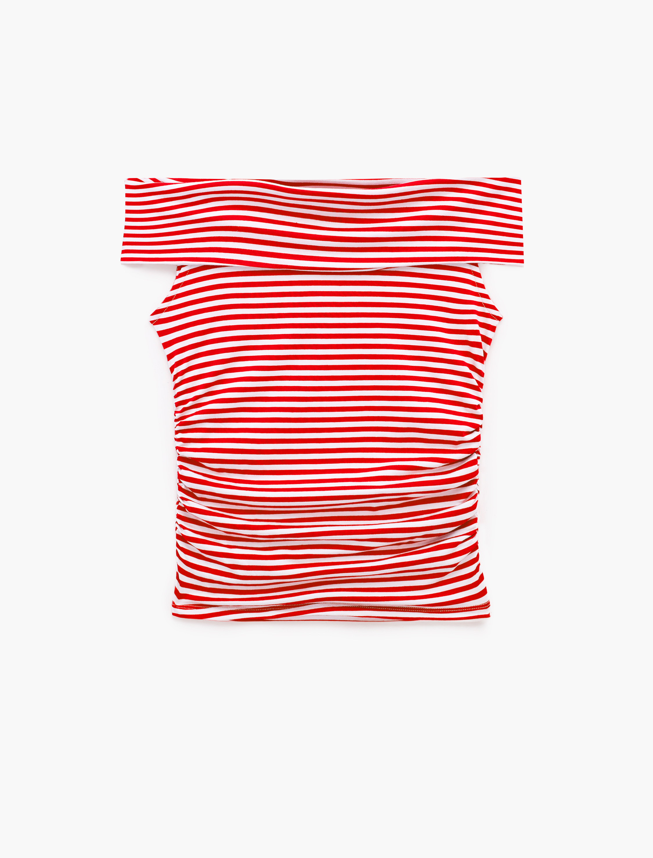   Koton X Sibil Çetinkaya - Slim Fit Drape Detaylı Çizgili Omzu Açık Bluz