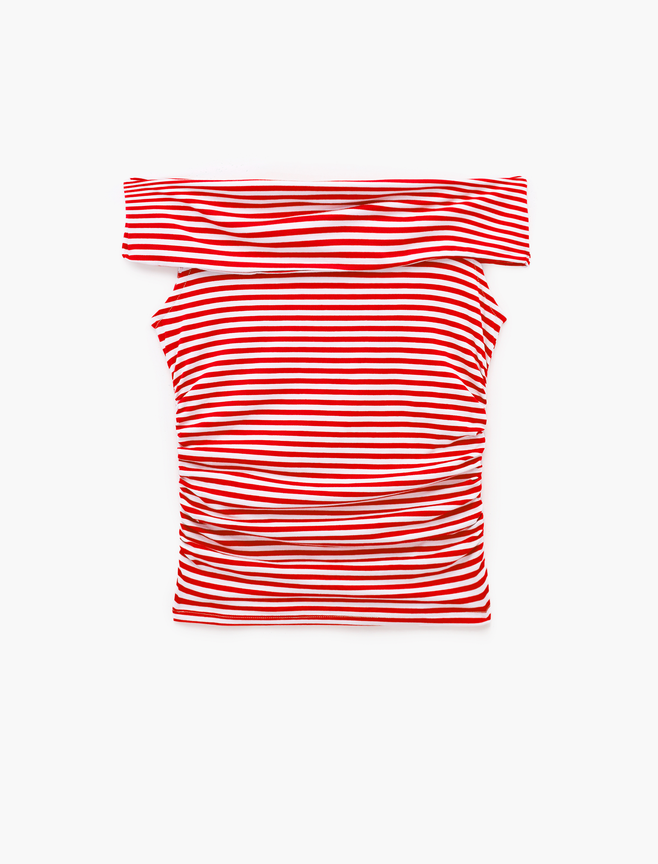   Koton X Sibil Çetinkaya - Slim Fit Drape Detaylı Çizgili Omzu Açık Bluz