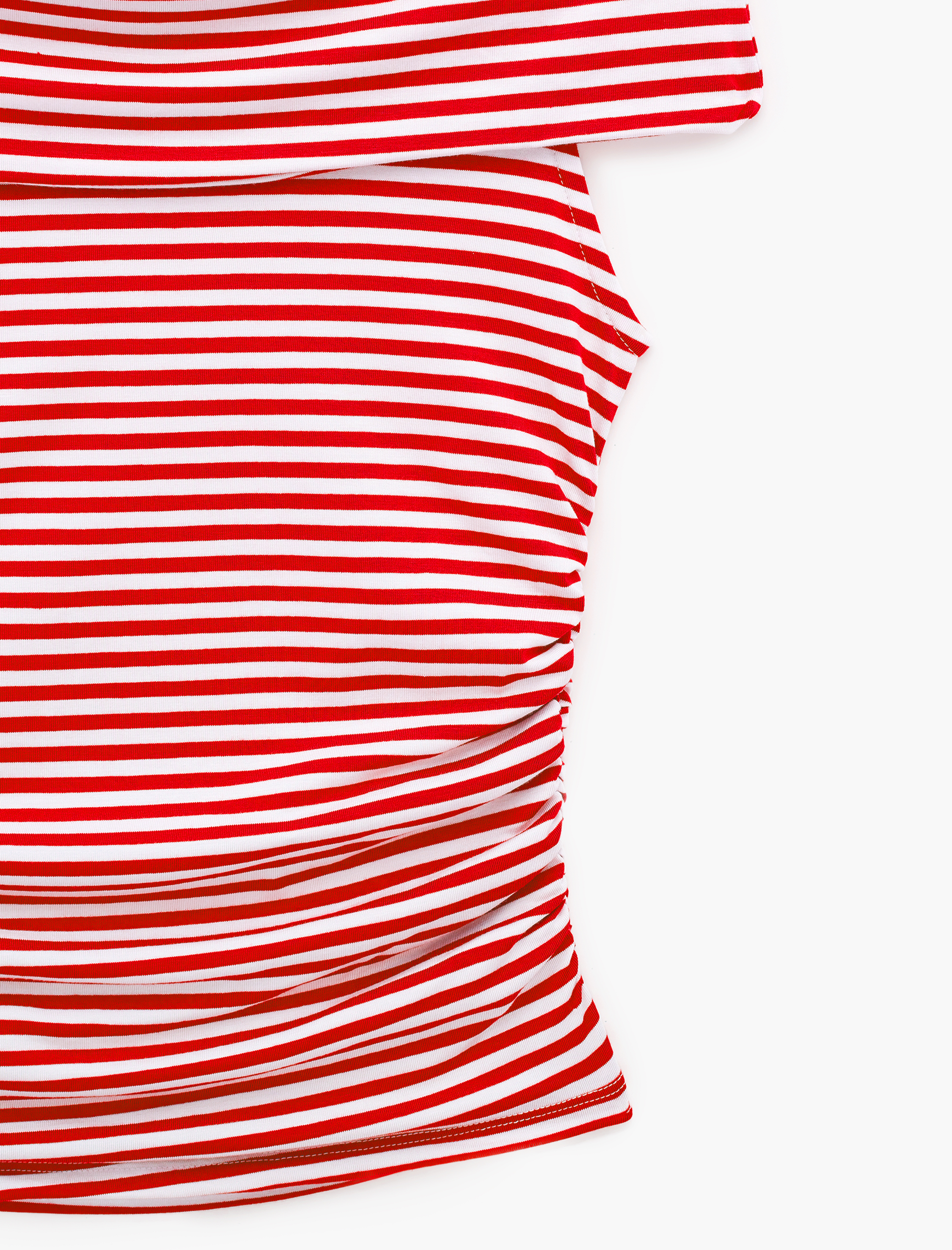   Koton X Sibil Çetinkaya - Slim Fit Drape Detaylı Çizgili Omzu Açık Bluz