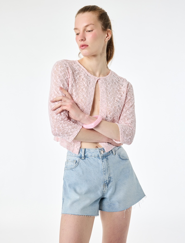  Yuvarlak Yaka Yarı Transparan Yarım Kol Crop Dantel Crop Bluz