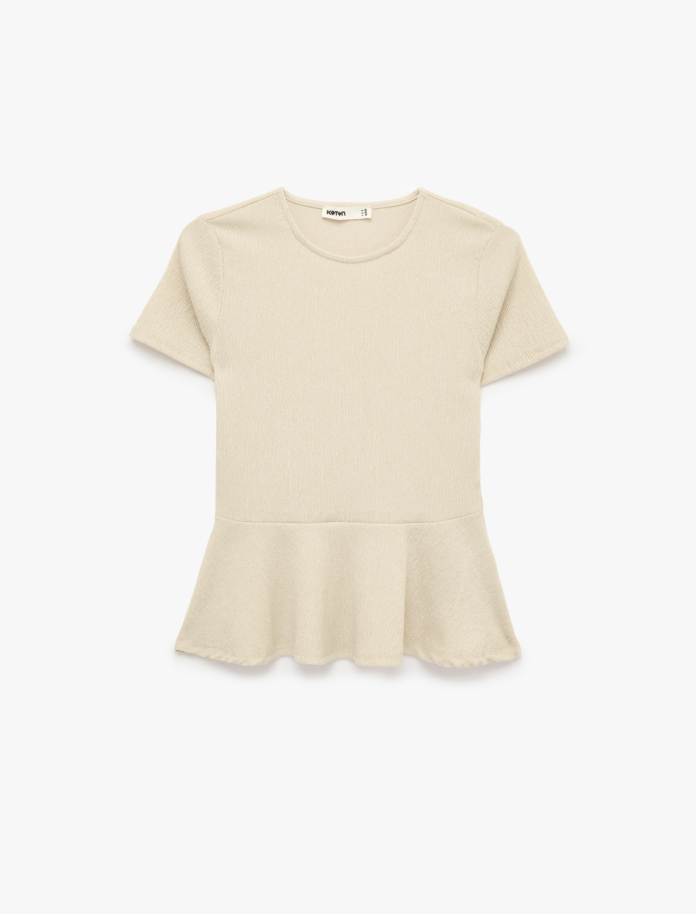   Bürümcük Kumaş Slim Fit Kısa Kollu Bisiklet Yaka Volanlı Peplum Kesim Tişört