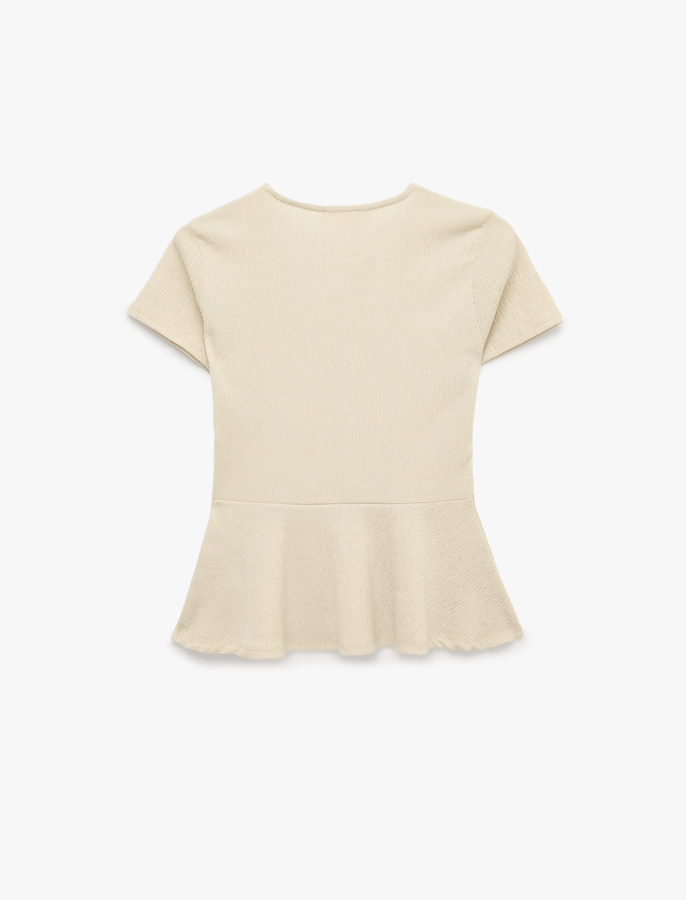   Bürümcük Kumaş Slim Fit Kısa Kollu Bisiklet Yaka Volanlı Peplum Kesim Tişört