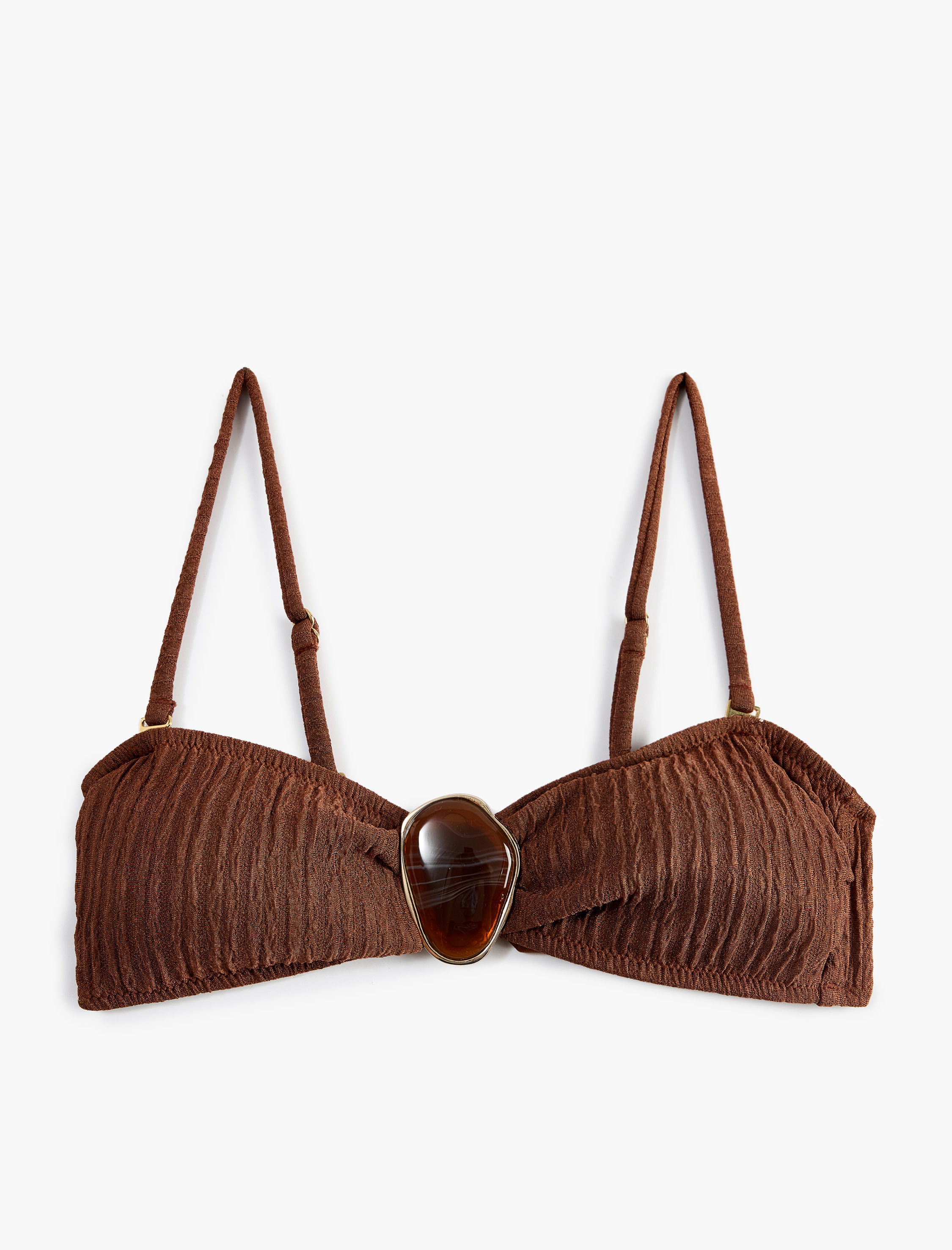   Çıkarılabilir Askılı Aksesuar Detaylı Dokulu Straplez Bikini Üstü