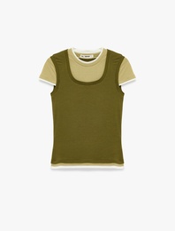 Slim Fit Bisiklet Yaka Katmanlı Viskon Karışımlı Kısa Kollu Tişört