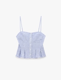 Gofre Kumaş Kalp Yaka Düğmeli İp Askılı Çizgili Crop Top