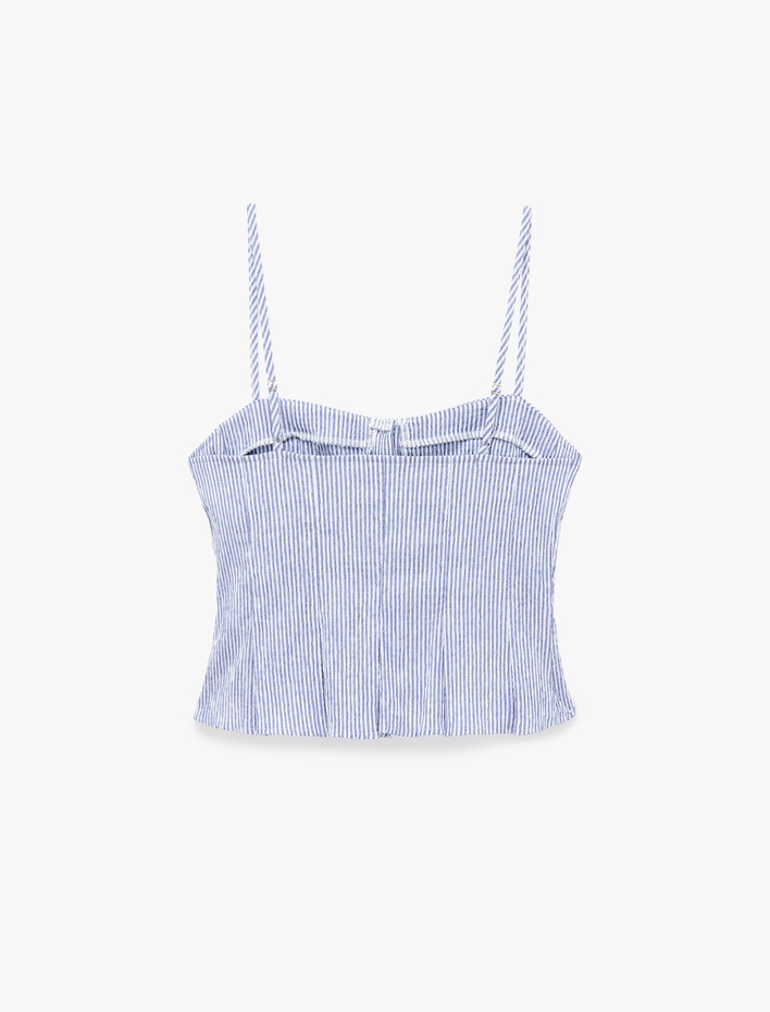  Gofre Kumaş Kalp Yaka Düğmeli İp Askılı Çizgili Crop Top