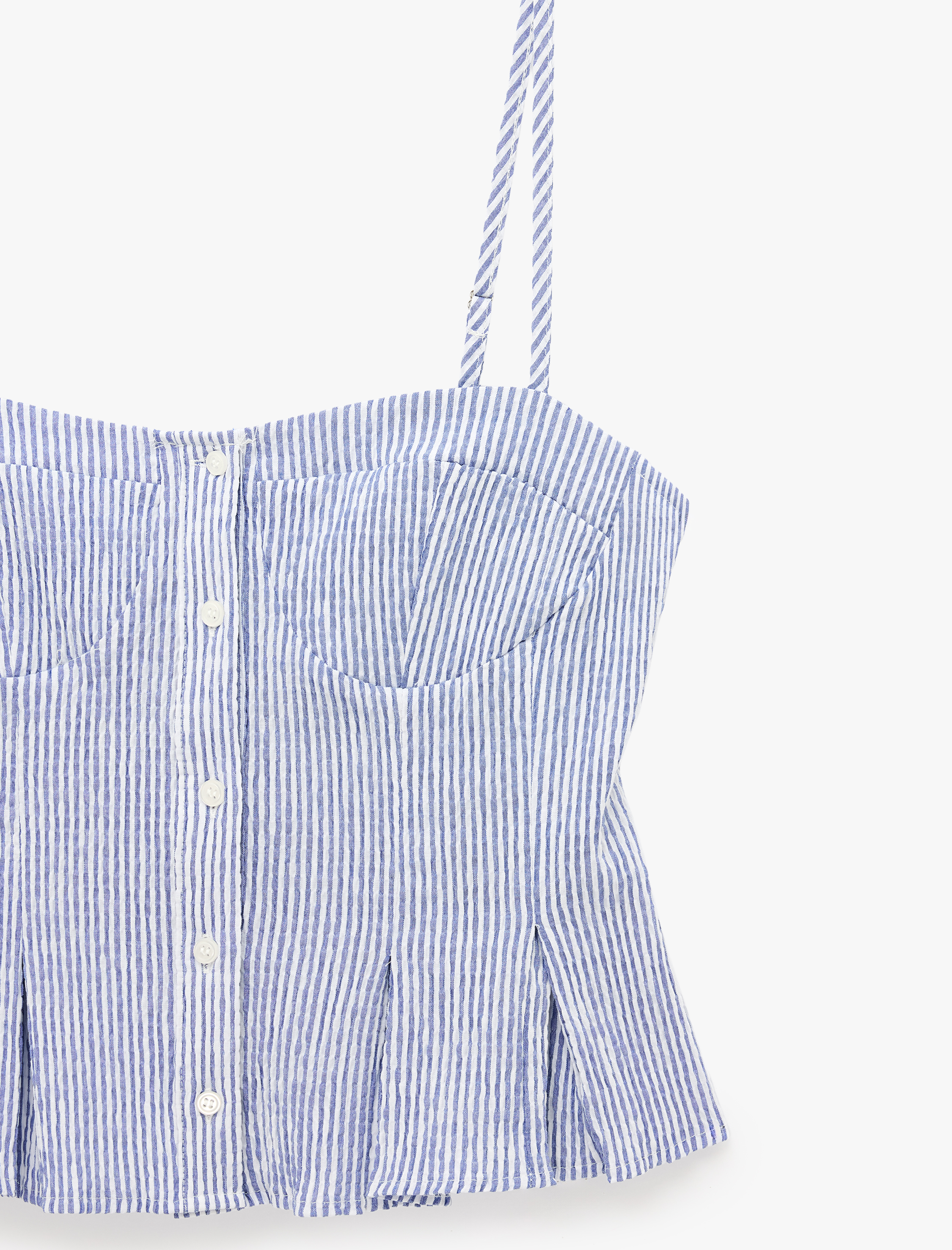   Gofre Kumaş Kalp Yaka Düğmeli İp Askılı Çizgili Crop Top