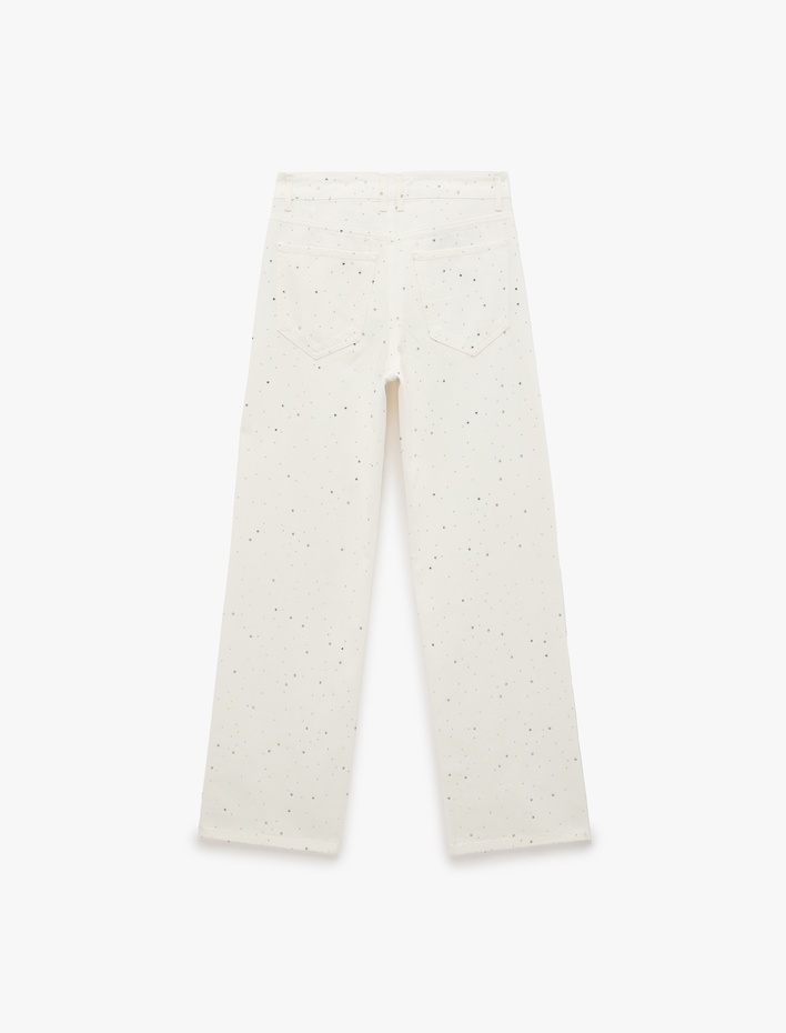  Normal Bel Uzun Düz Kesim Pamuklu Taşlı Denim Pantolon - Straight Fit Jeans