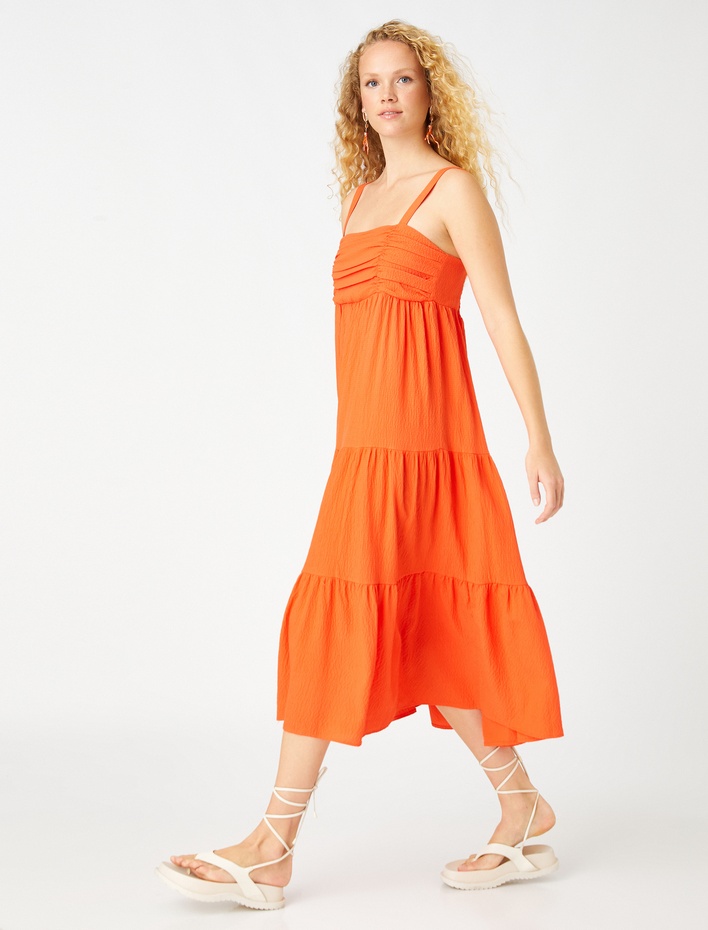  Askılı Midi Boy Elbise Drape Detaylı