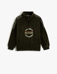 Polar Sweatshirt Dik Yaka Yarım Fermuarlı Cepli İşleme Detaylı
