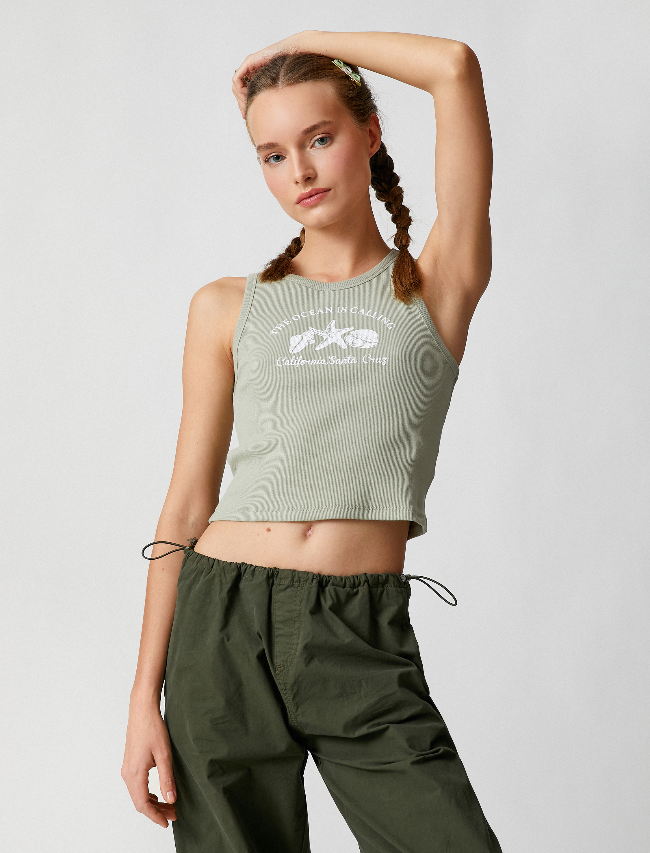   Crop Fitilli Atlet Baskılı Bisiklet Yaka Kolsuz