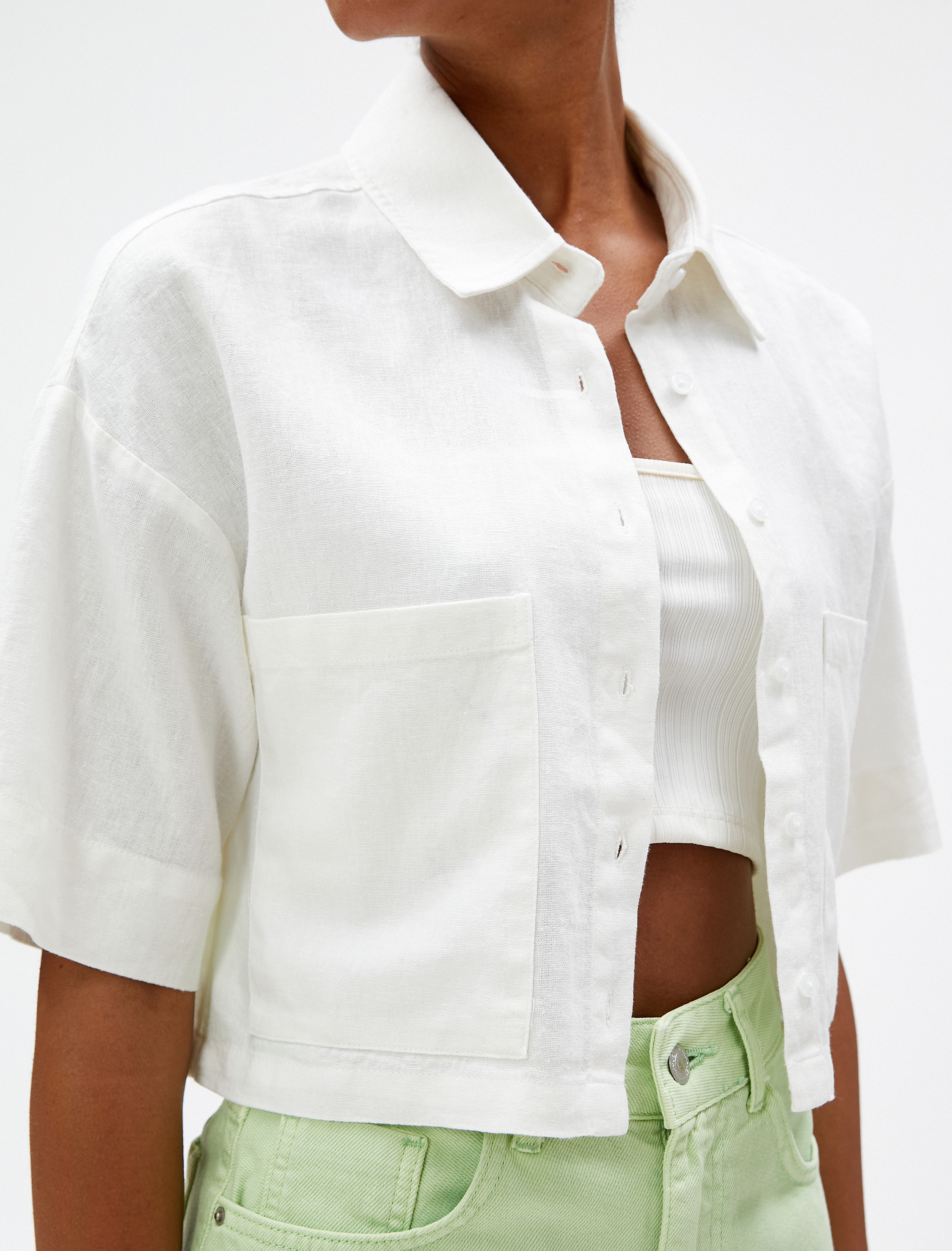   Crop Gömlek Cep Detaylı Keten Viskon Karışımlı