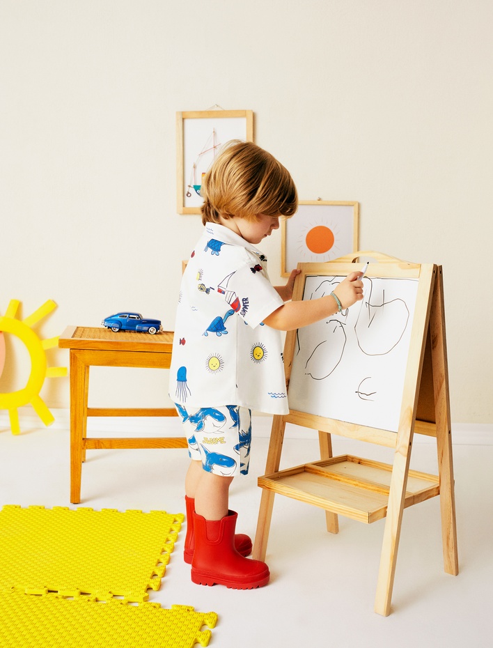 Erkek Bebek Gömlek Grafik Kaplumbağa Baskılı Kısa Kollu Cepli Pamuklu