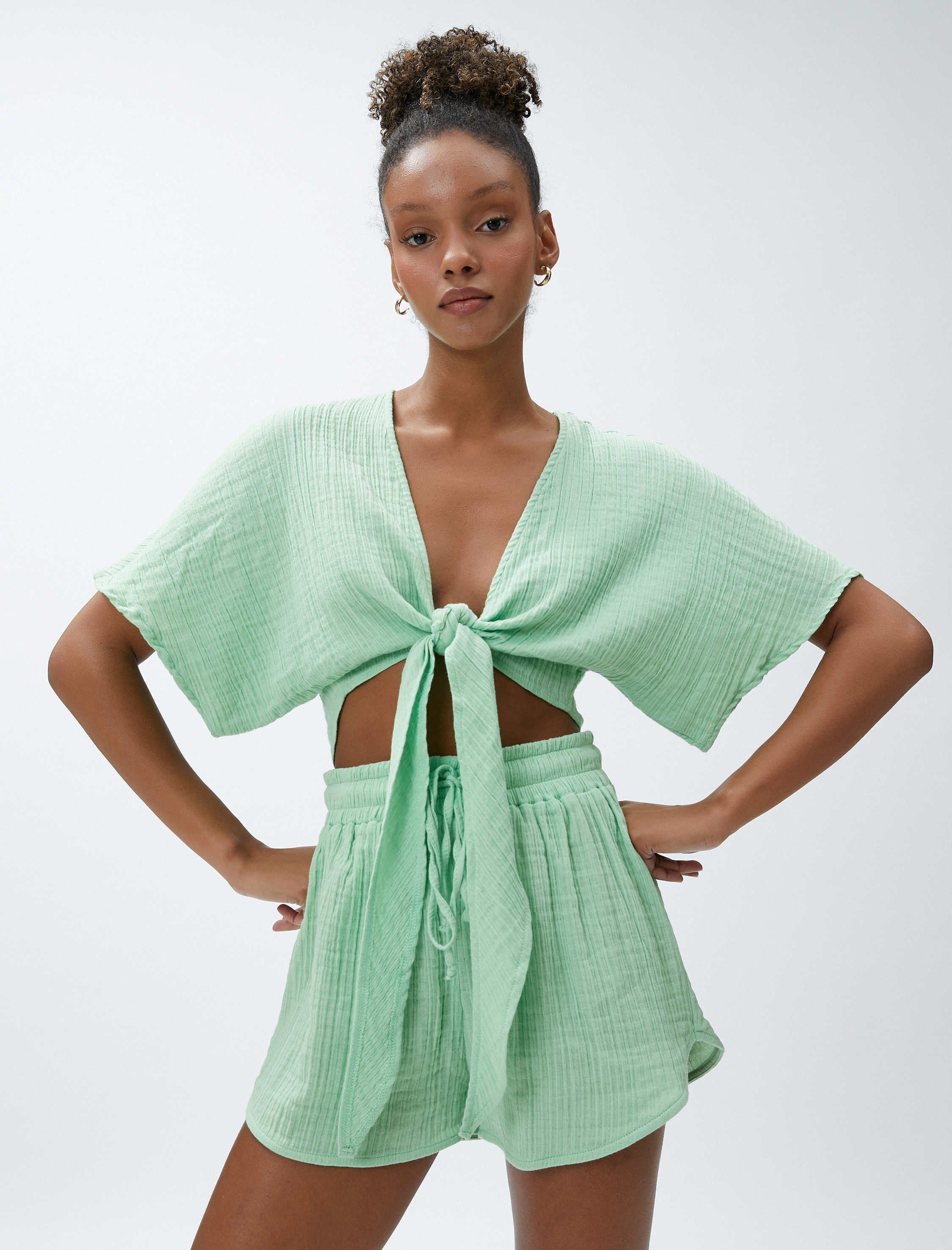   Crop Yoga Tişört Müslin Kimono Görünümlü Bağlama Detaylı