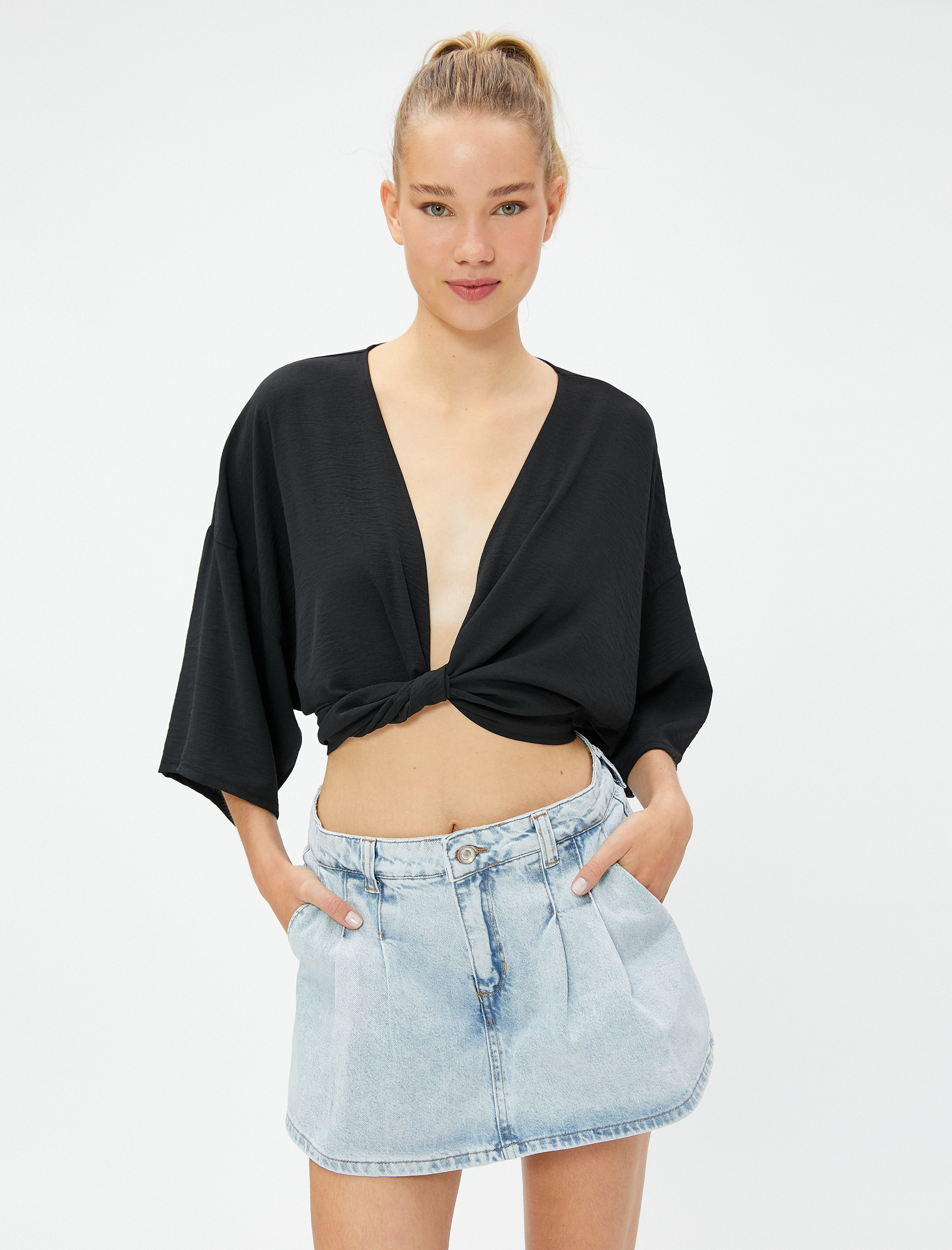   Crop Kimono Önden Bağlama Detaylı Geniş Kollu