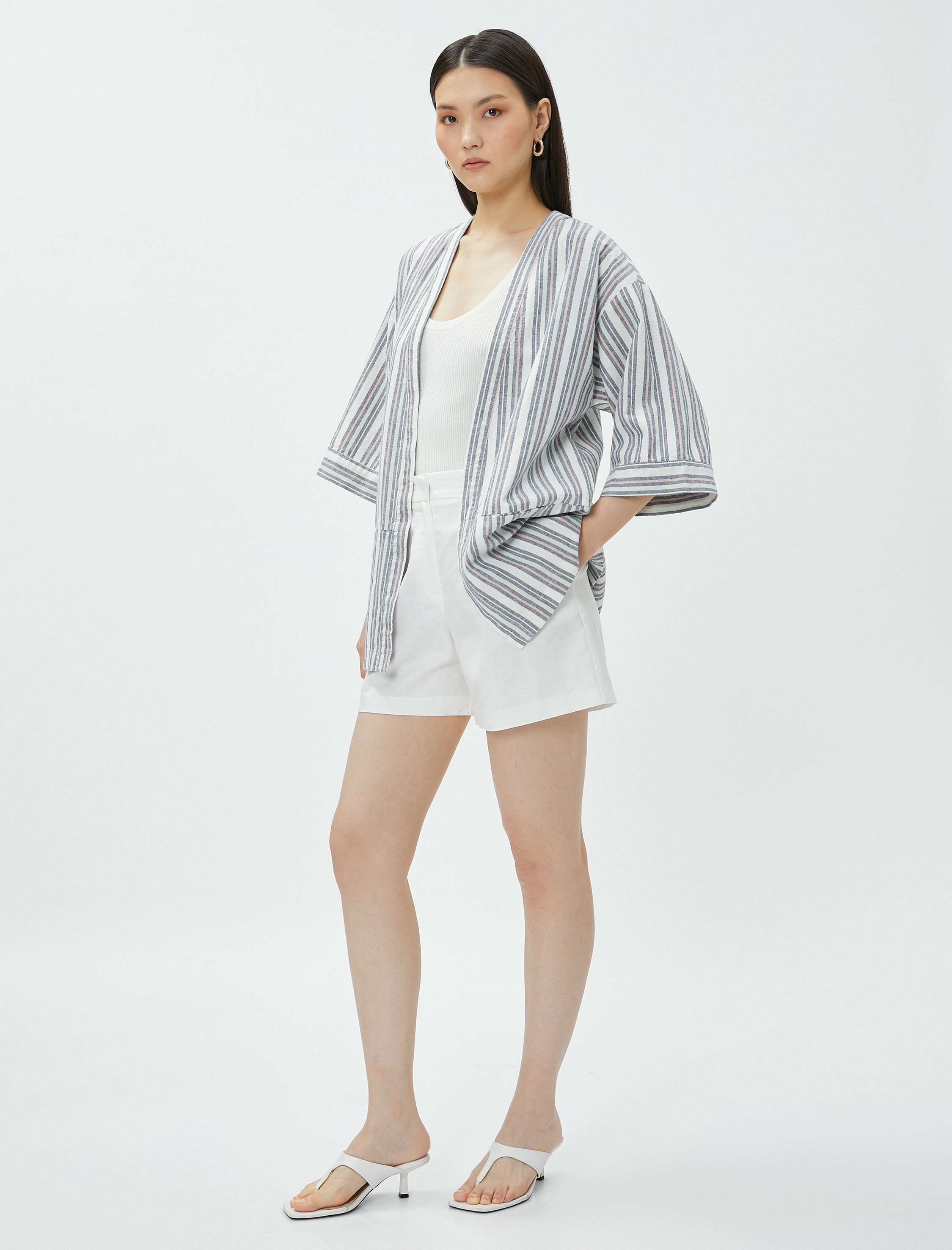   Oversize Keten Kimono Cepli Kısa Kollu