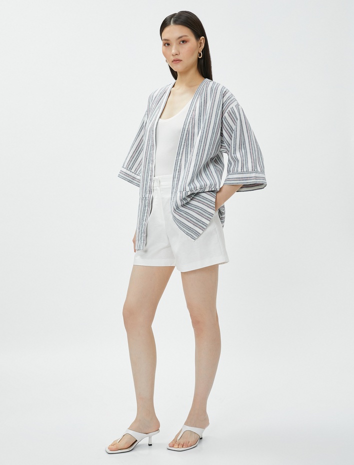  Oversize Keten Kimono Cepli Kısa Kollu