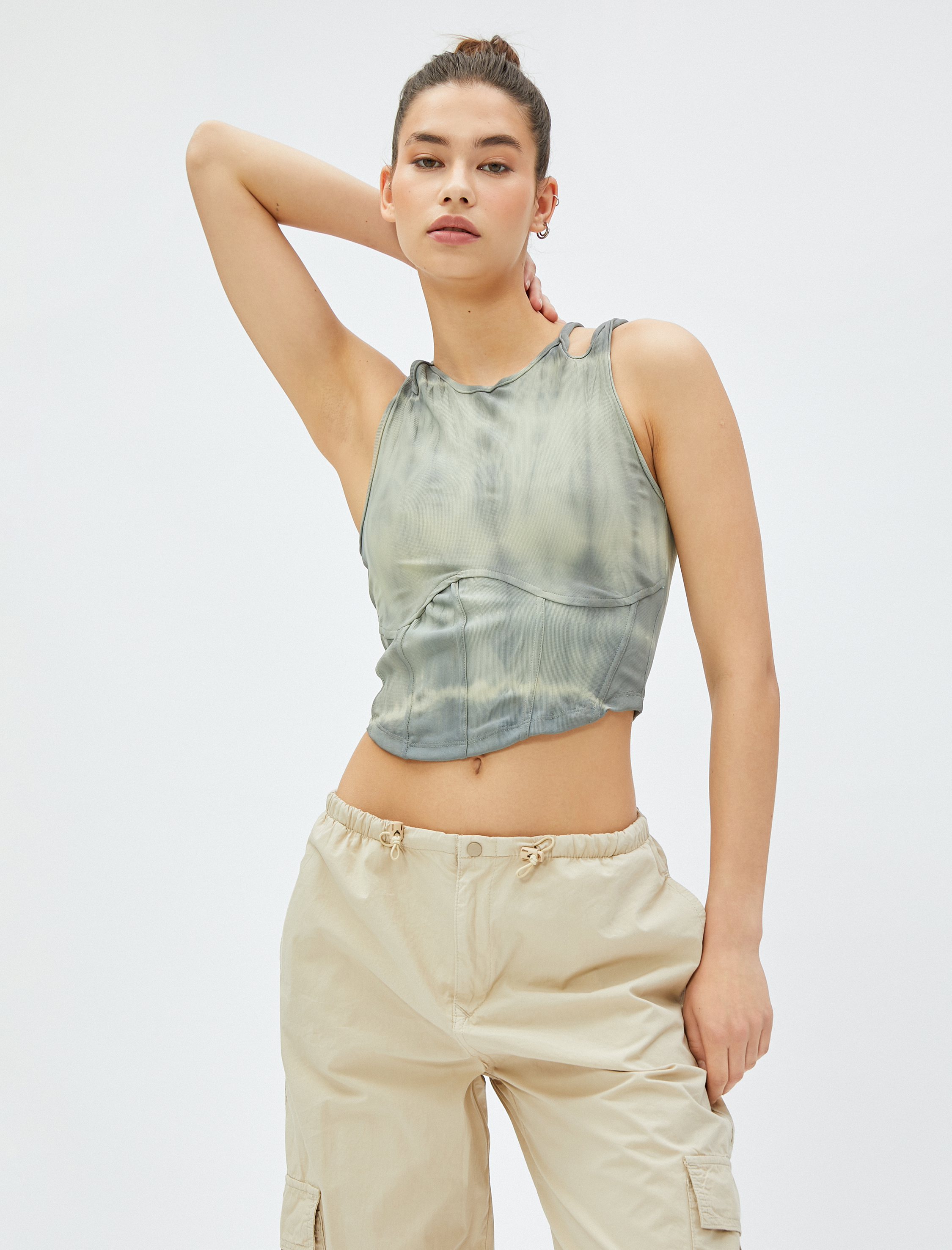   Crop Atlet Korse Pencere Detaylı Batik Desenli