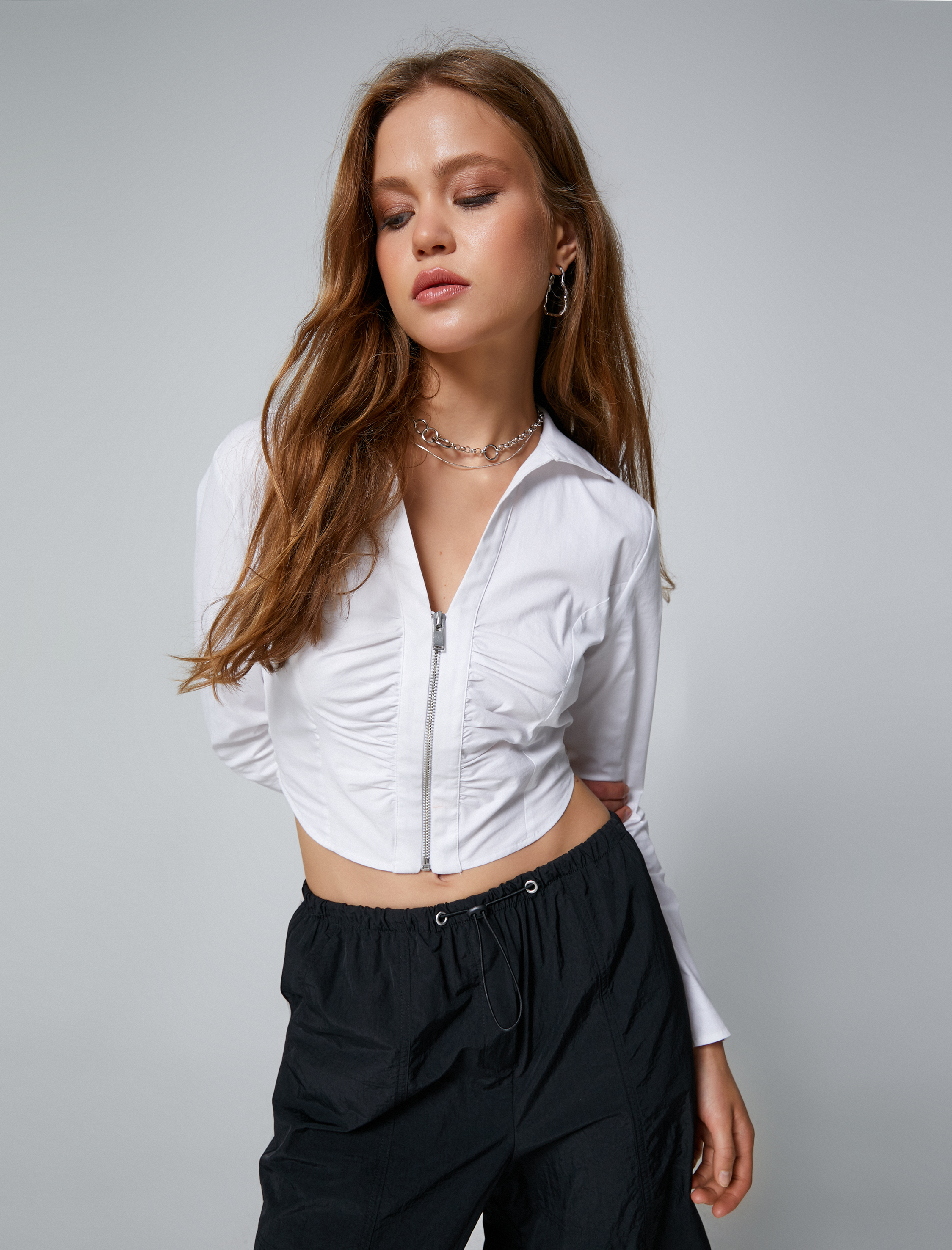   Crop Gömlek Fermuar Detaylı Büzgülü Slim Fit