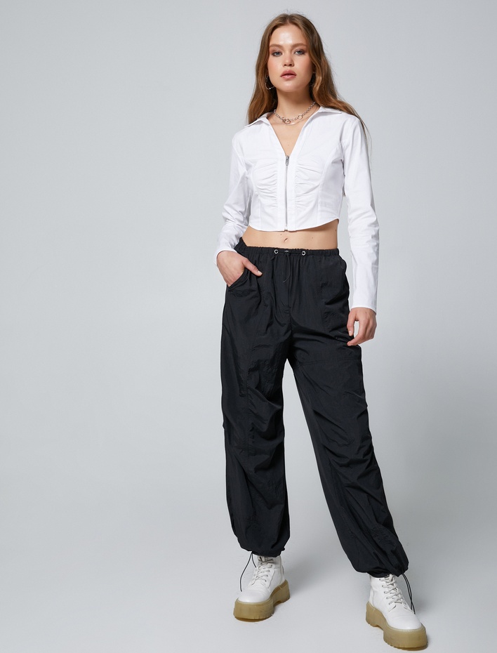  Crop Gömlek Fermuar Detaylı Büzgülü Slim Fit