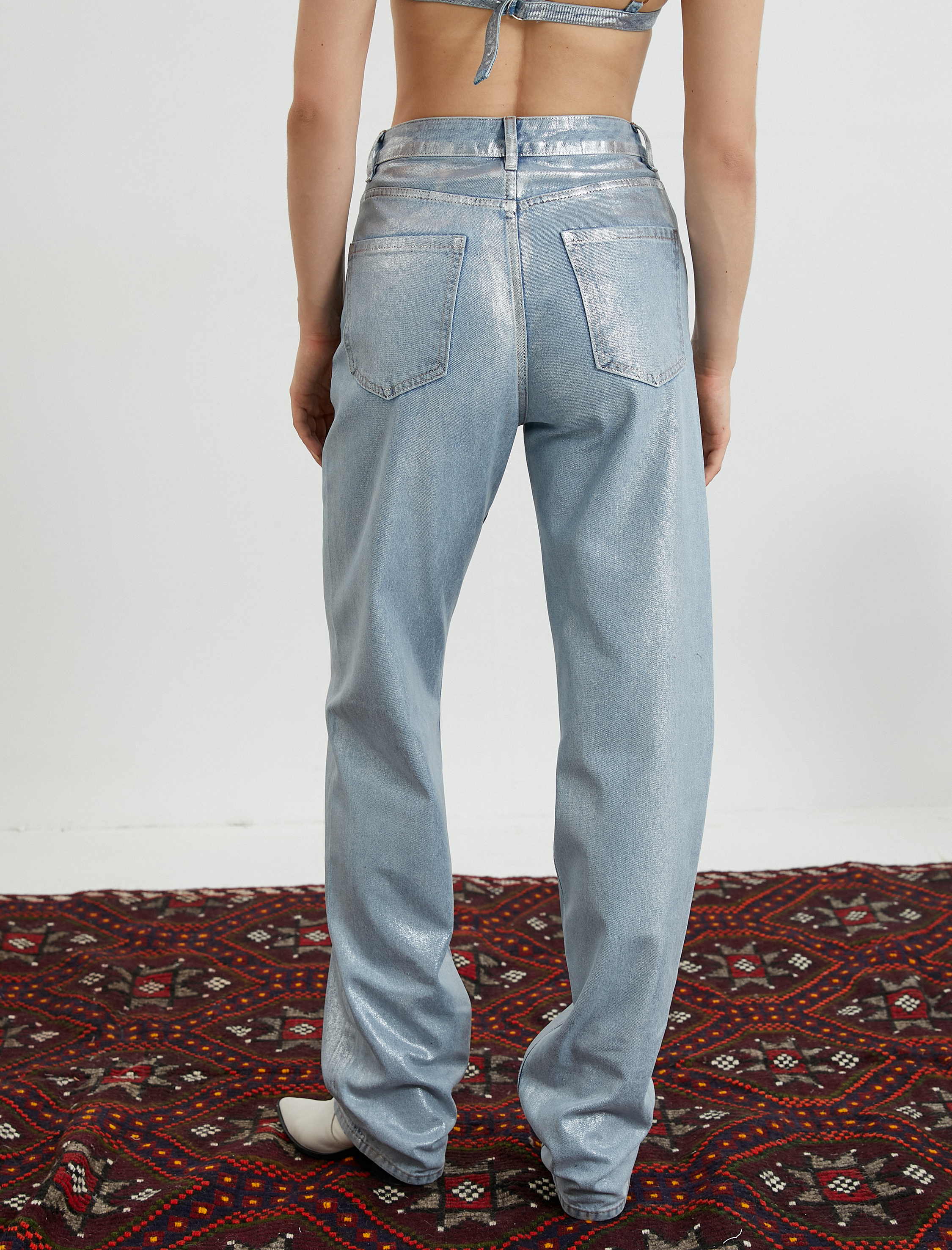   Metalik Parlak Straight Jean Kot Pantolon Yüksek Bel Düz Paça - Eve Jean
