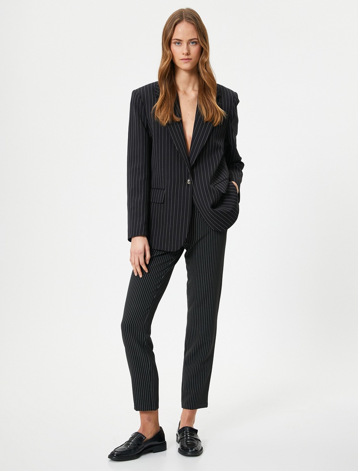  Oversize Blazer Ceket Tek Düğmeli Kapaklı Cepli