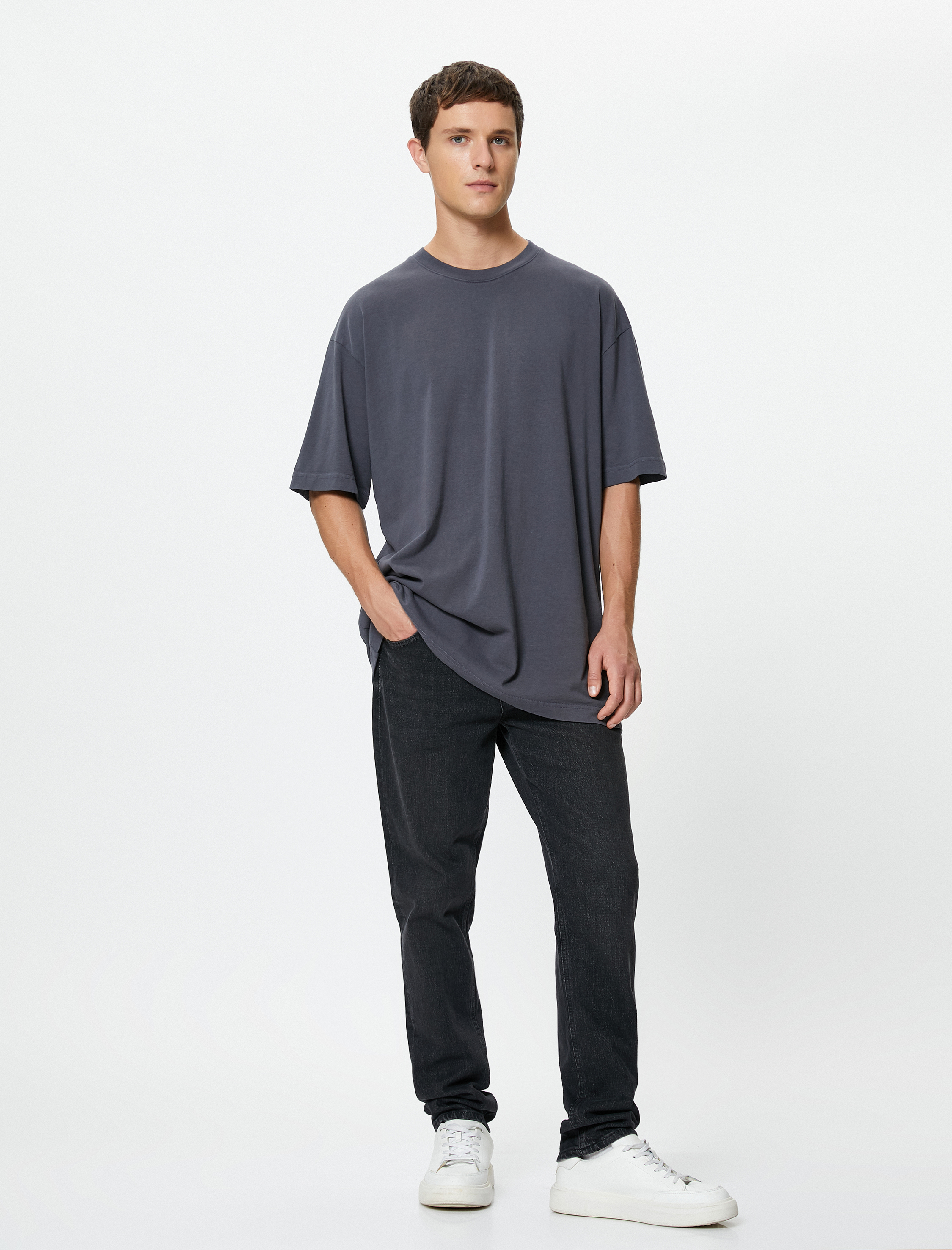   Oversize Tişört Basic Bisiklet Yaka Kısa Kollu Pamuklu