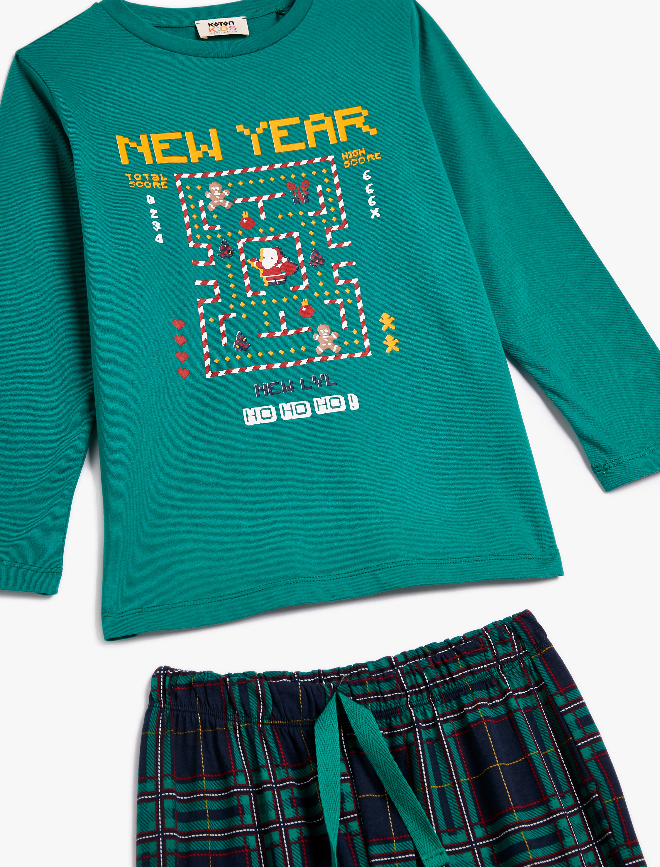   Yılbaşı Temalı Pijama Takımı Baskılı Uzun Kollu Pamuklu
