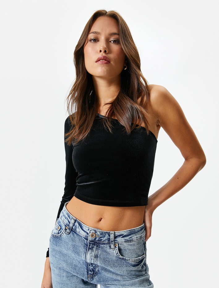  Kadife Tek Omuz Tişört Crop