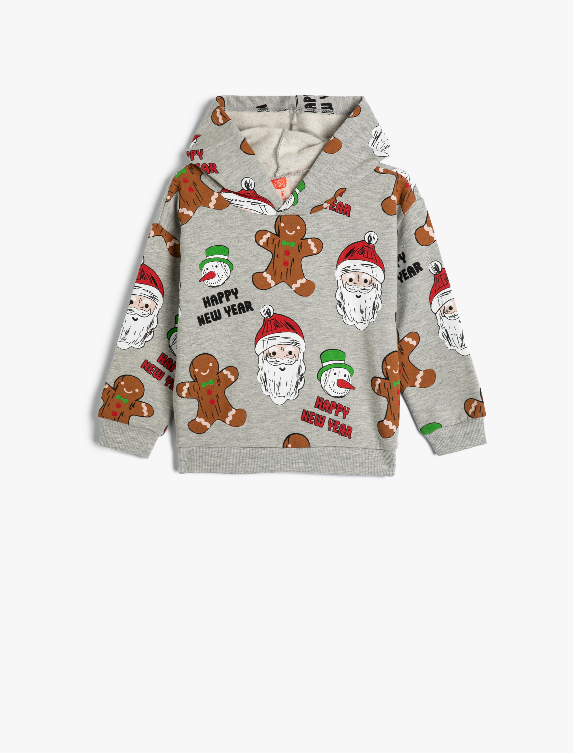  Erkek Bebek Kapşonlu Sweat Yılbaşı Temalı Baskı Detaylı