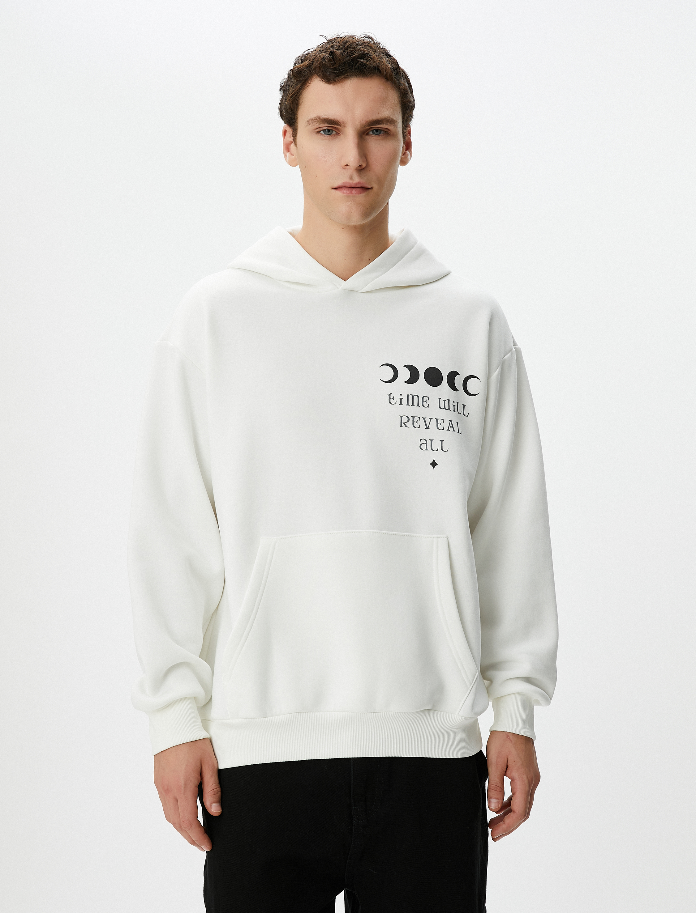   Oversize Hoodie Arkası Baskılı Sloganlı Kanguru Cepli Şardonlu