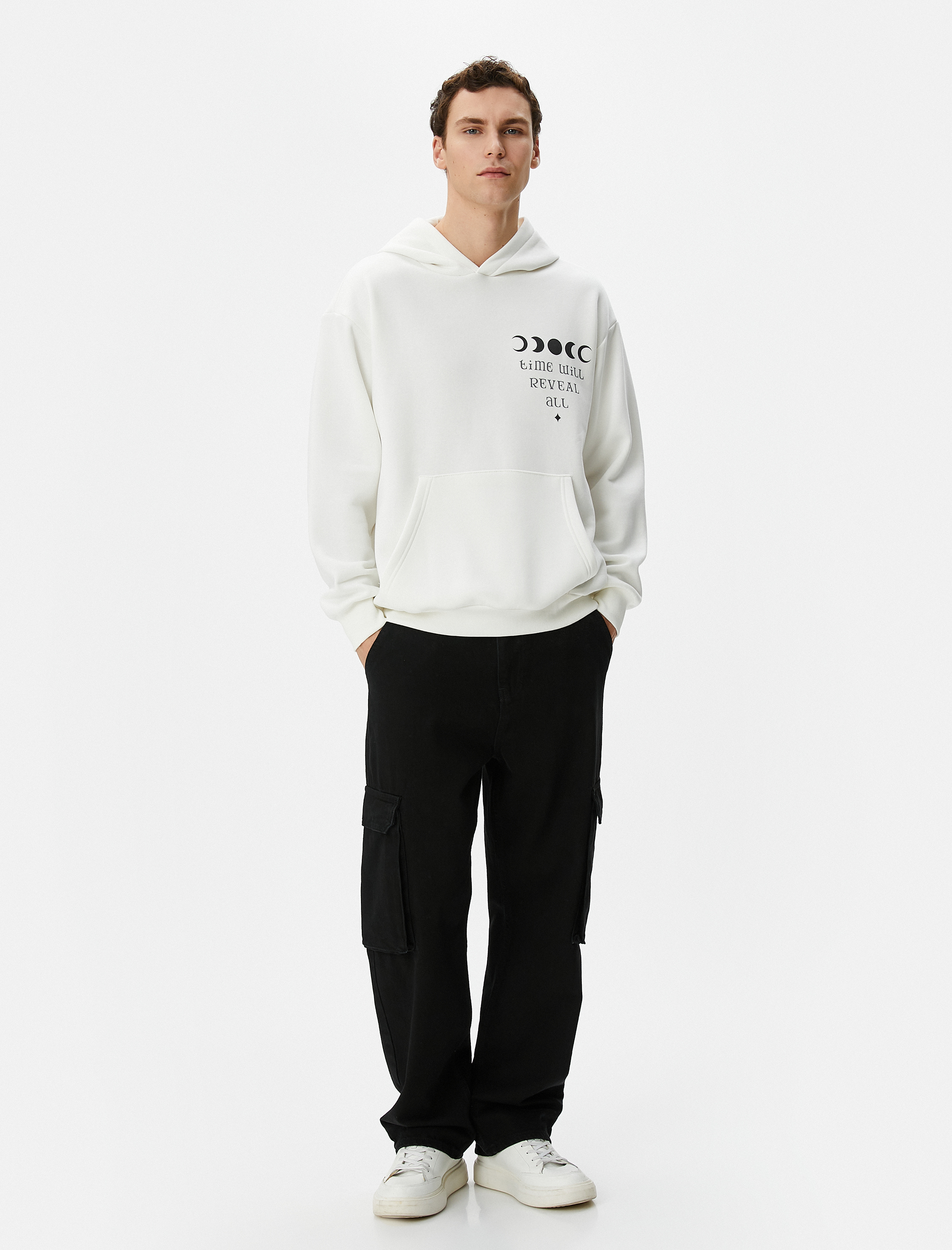   Oversize Hoodie Arkası Baskılı Sloganlı Kanguru Cepli Şardonlu