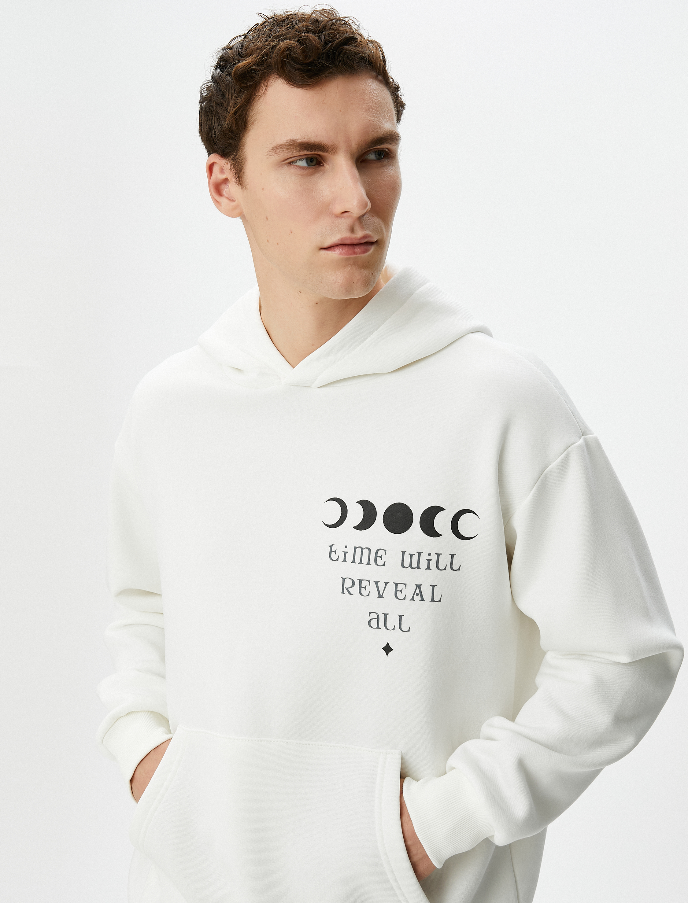   Oversize Hoodie Arkası Baskılı Sloganlı Kanguru Cepli Şardonlu