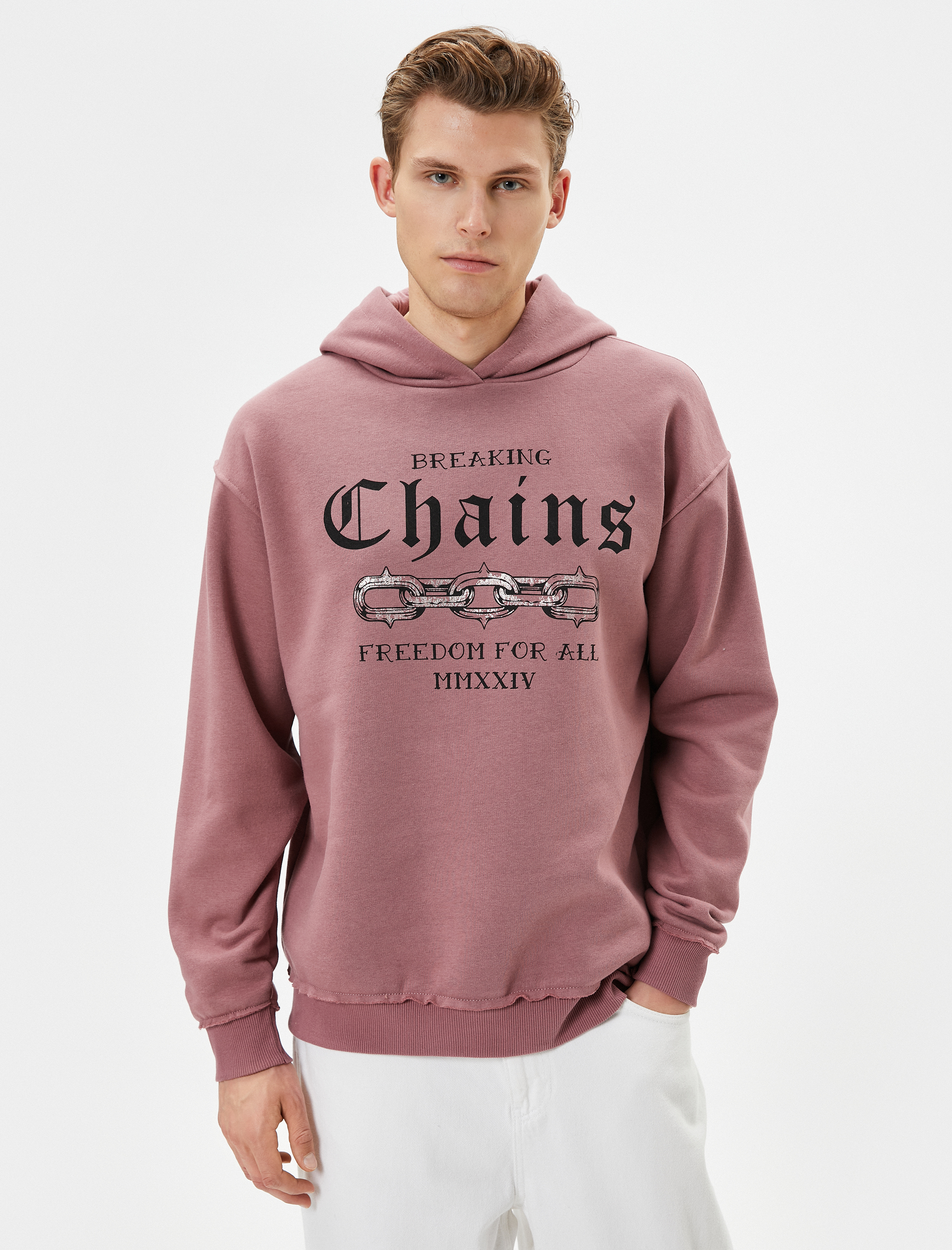   Kapşonlu Sweatshirt Slogan Baskılı Uzun Kollu Şardonlu