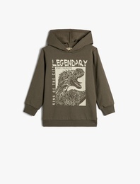 Kapşonlu Sweatshirt Dinozor Baskılı Uzun Kollu Şardonlu