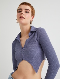 Crop Bluz Asimetrik Kesim Dokulu Slim Fit Uzun Kollu Gömlek Yaka Bürümcük
